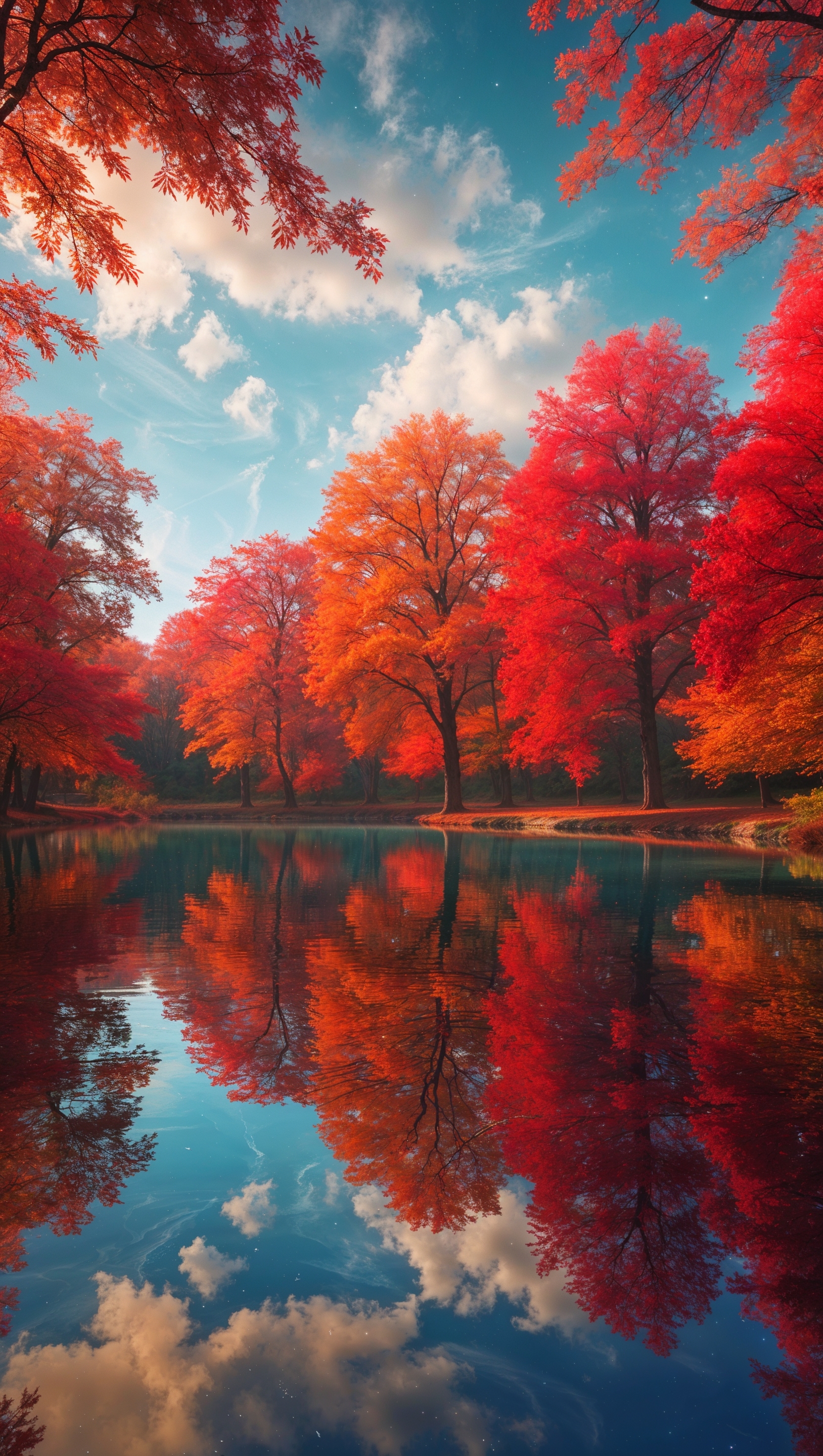 A serene pond surrounded by red and orange trees in September