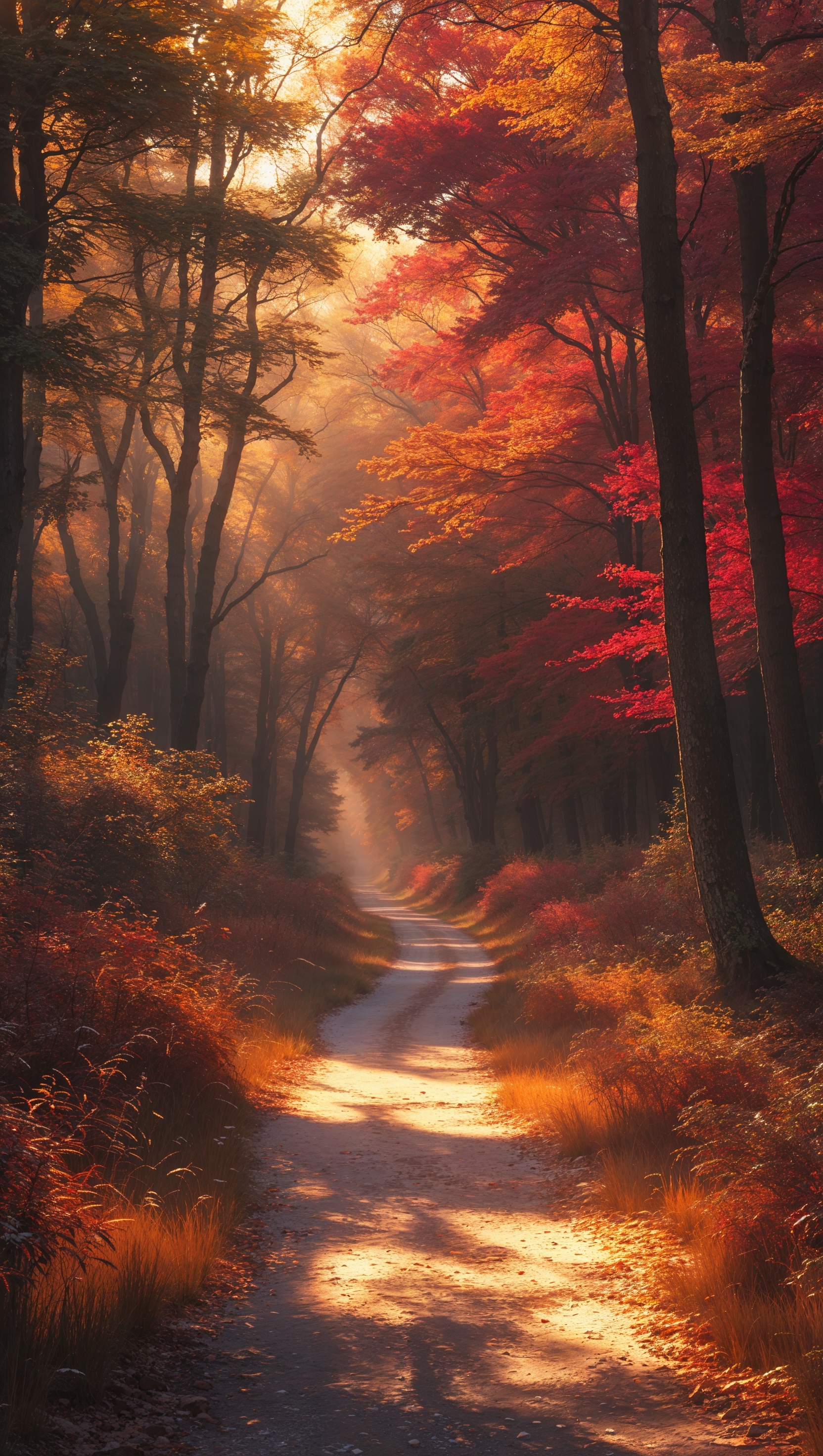 A walking trail in an autumn forest with soft sunlight in September
