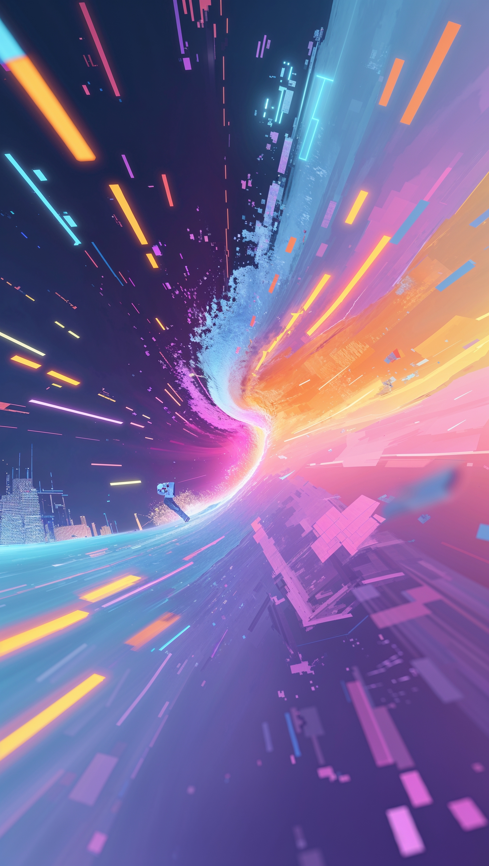 iPhone background with glitch effects and a mix of cool and warm colors