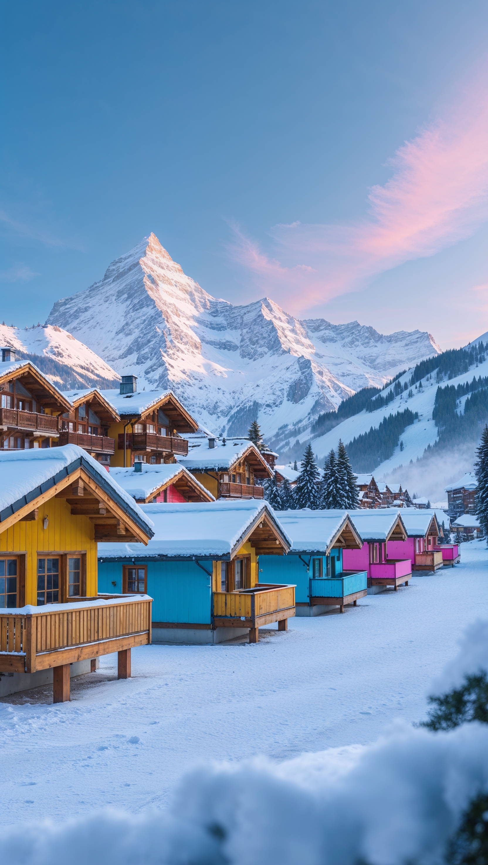 A ski resort in the Alps with colorful cabins, winter morning, iPhone wallpaper