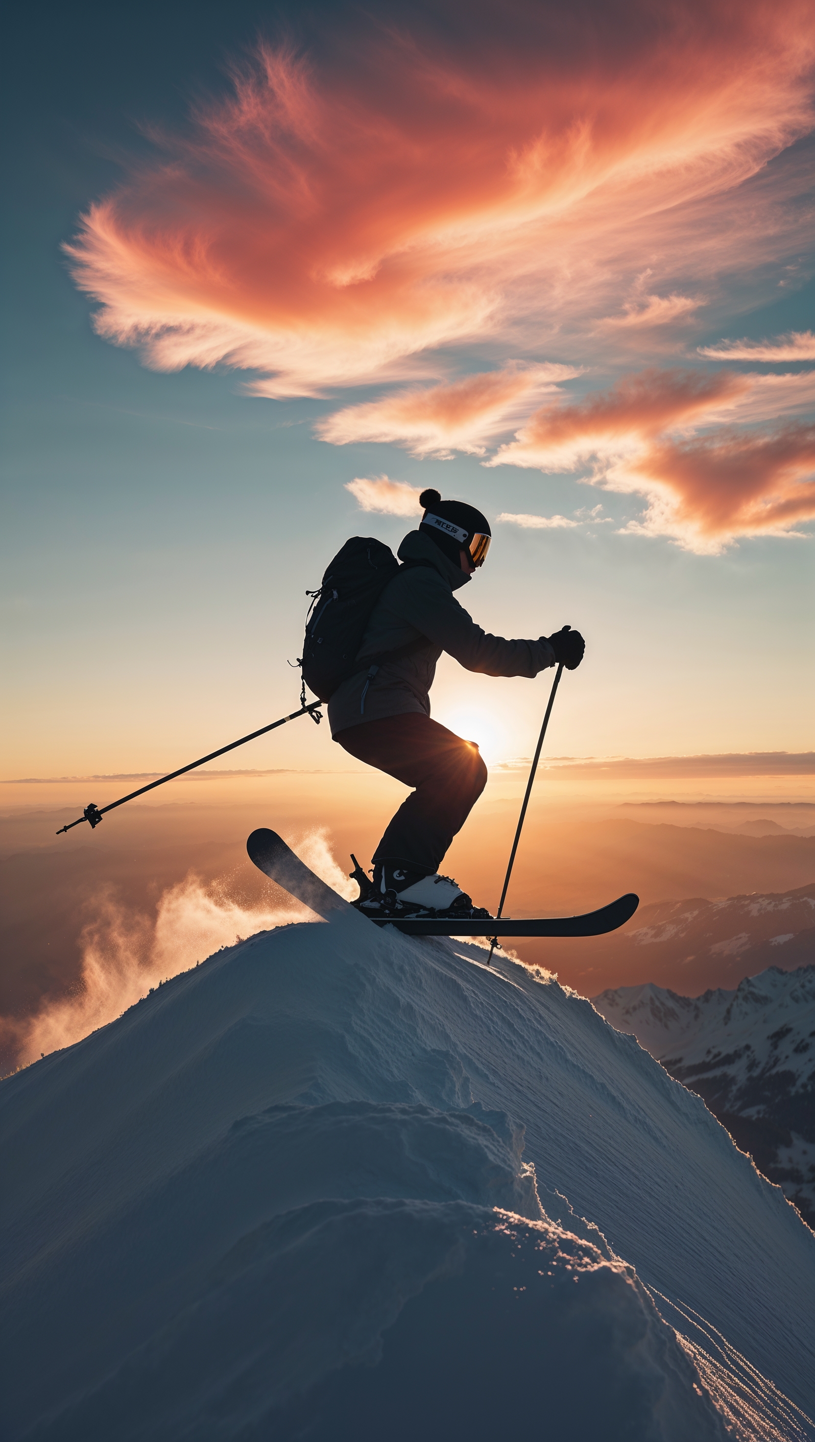 A silhouette of a skier during golden hour, warm tones, iPhone wallpaper