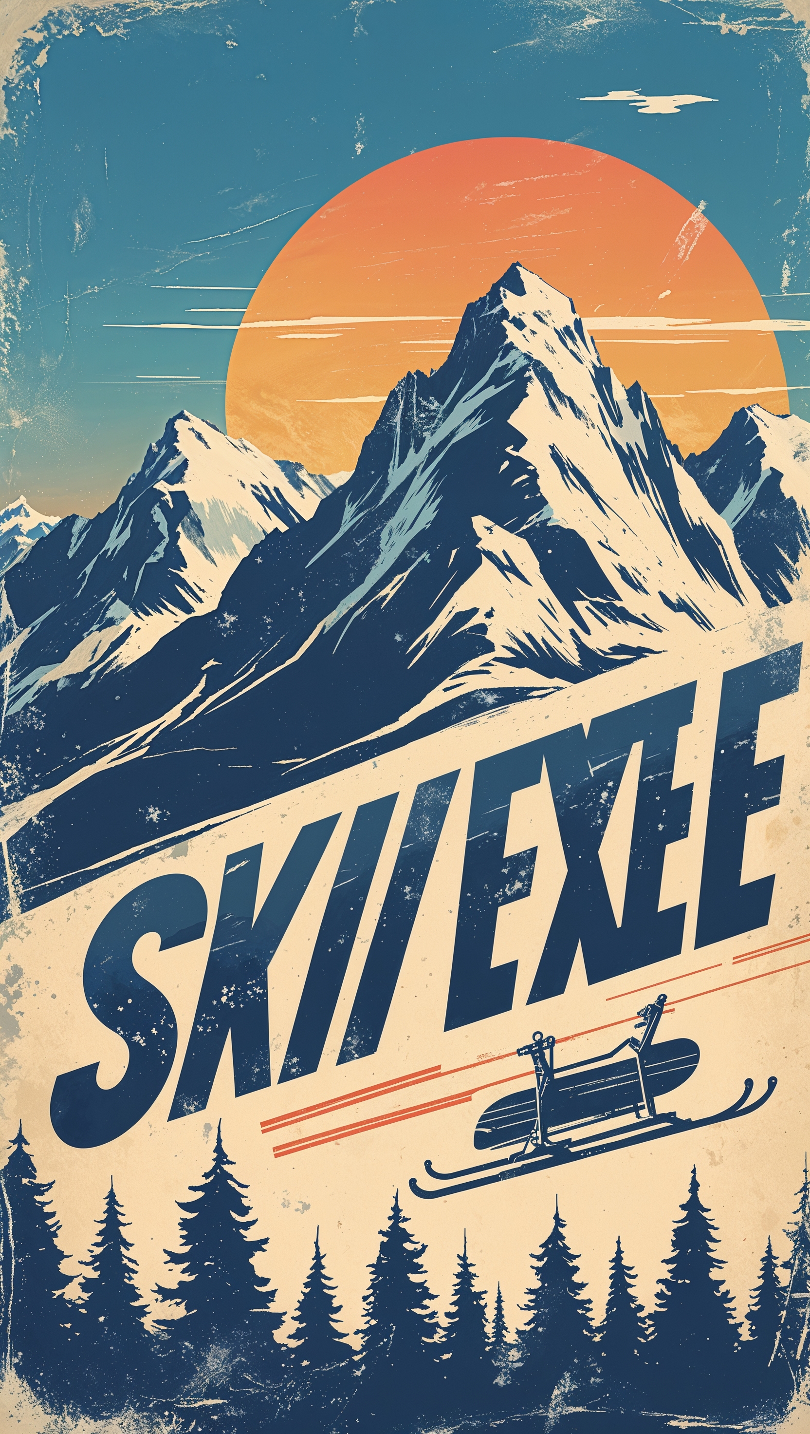 Vintage-style ski poster illustration, retro design, iPhone wallpaper