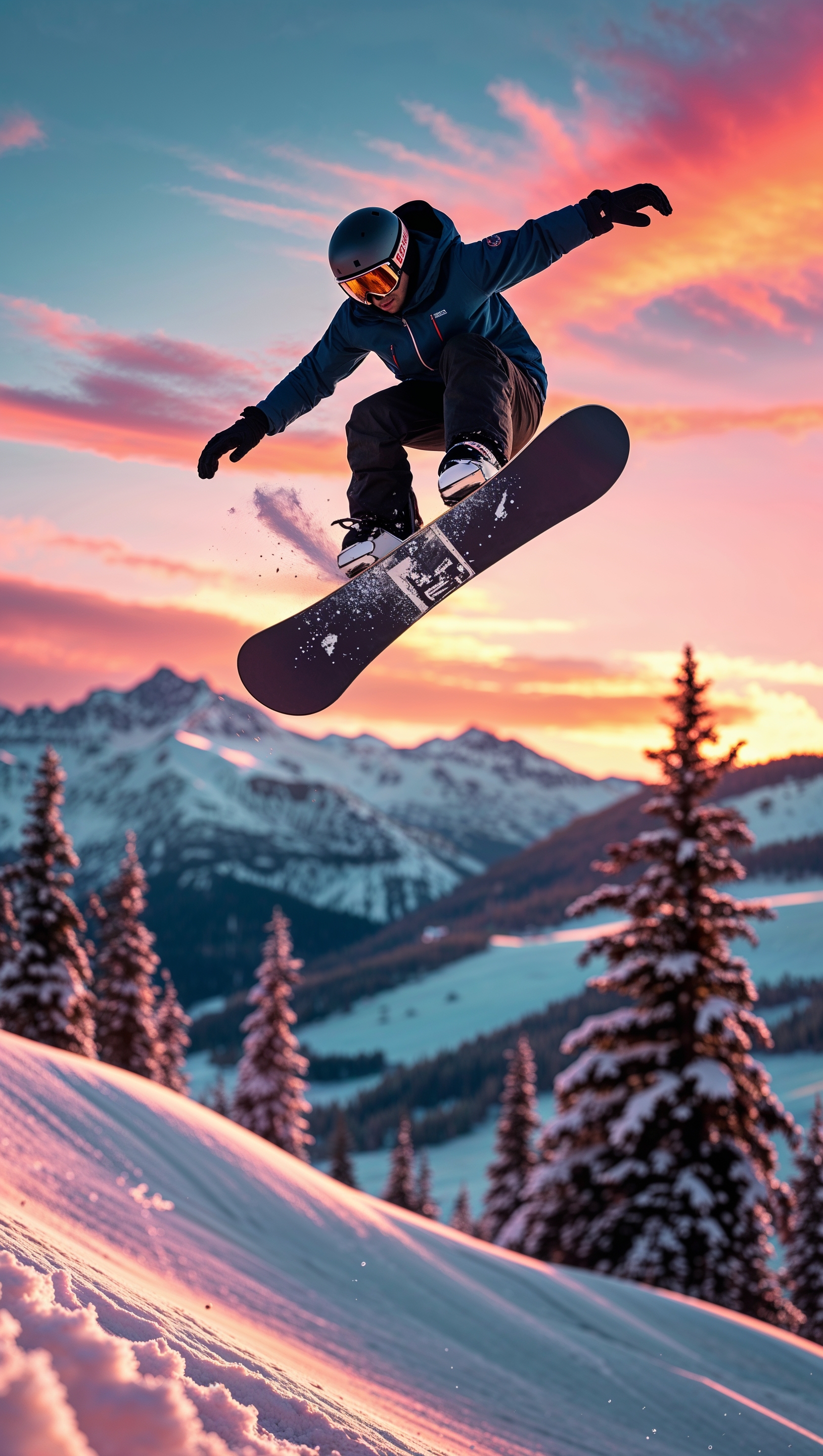 A snowboarder performing a jump in the sunset, ultra HD, iPhone wallpaper