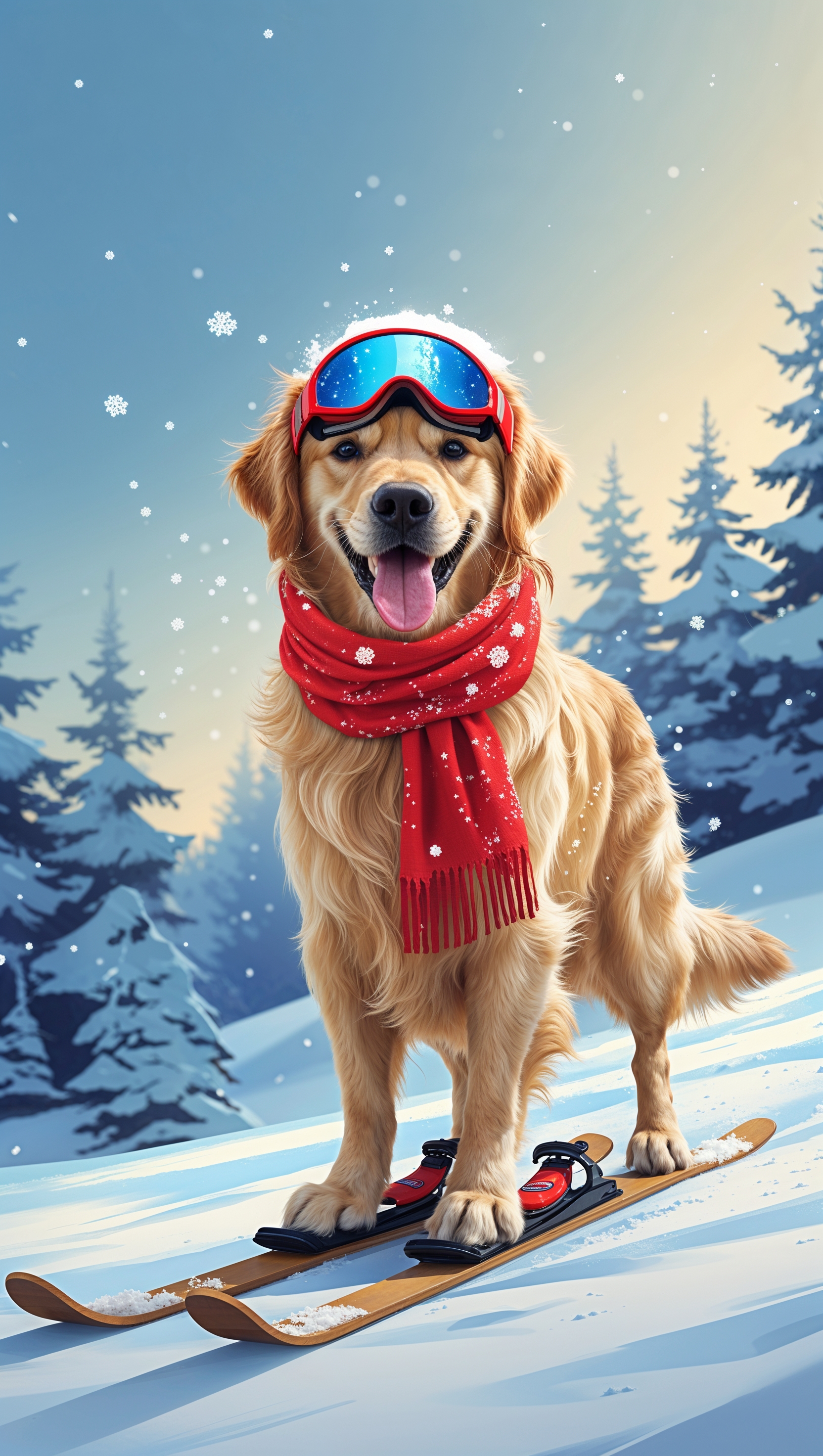 A dog wearing ski gear on a snowy hill, funny winter wallpaper