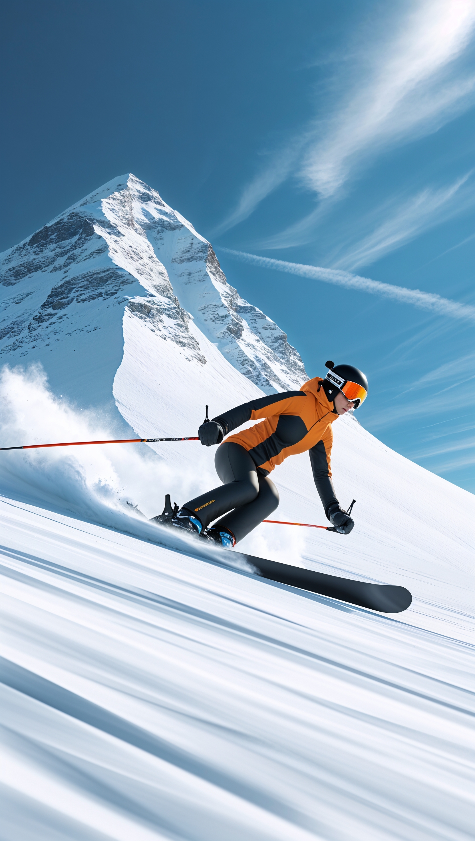 A skier speeding down a snowy mountain, blue sky, minimal style, iPhone wallpaper