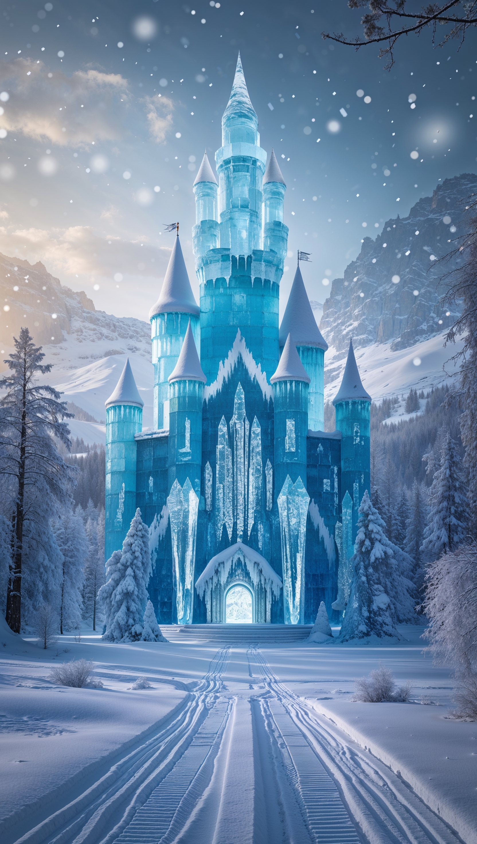 Fantasy ice castle in the mountains with ski tracks, icy blue tones