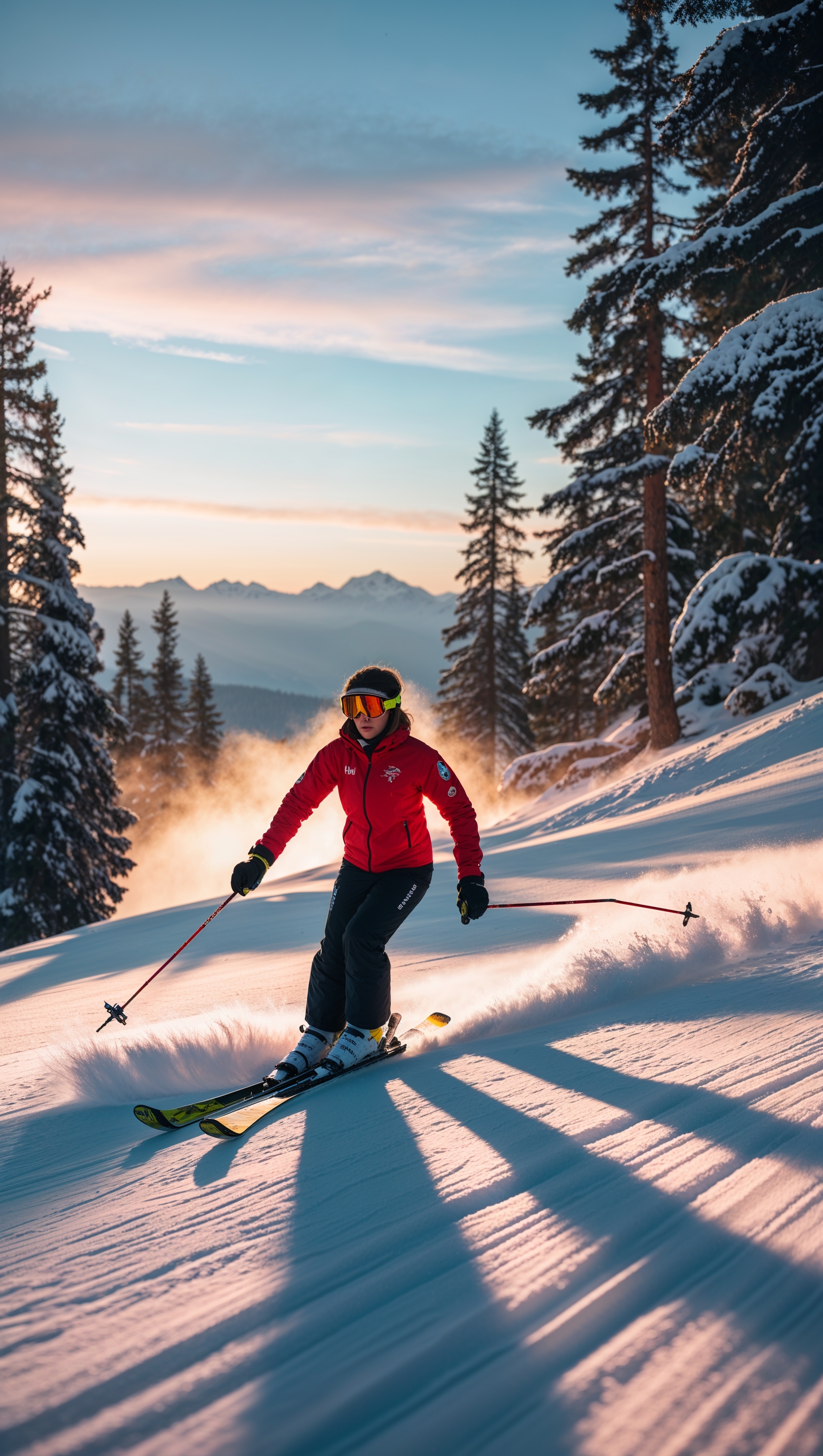 Early morning ski run with long shadows, cinematic look