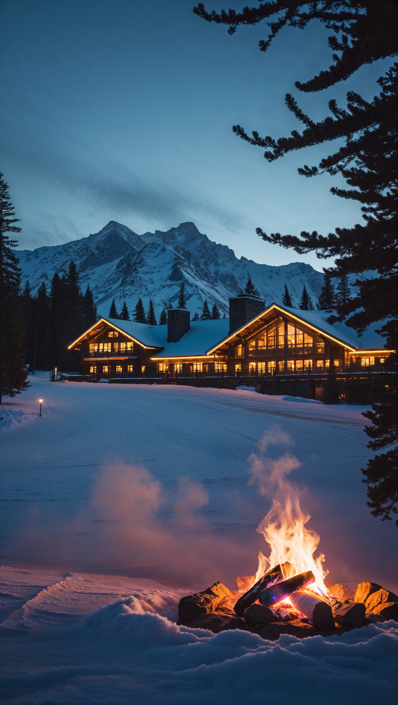 Mountain ski lodge at dusk, warm lights glowing in the snow