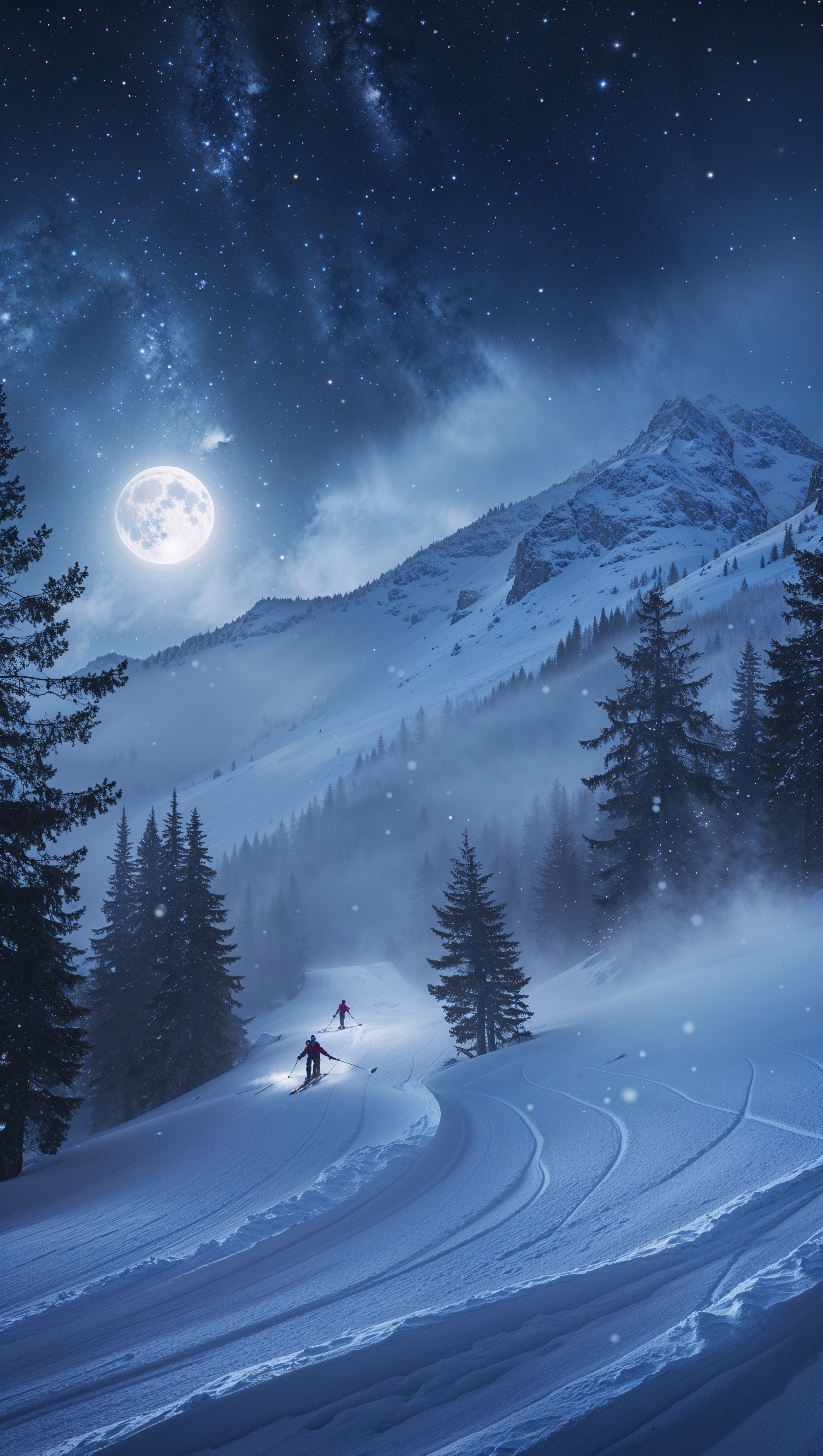 Night skiing under the stars, dreamy landscape, 4K resolution, iPhone wallpaper