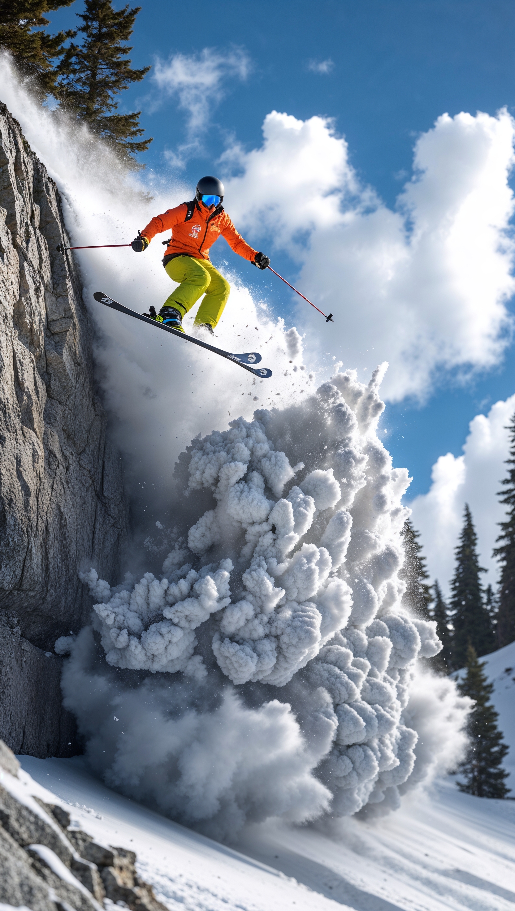 A skier going off a cliff, dramatic snow explosion