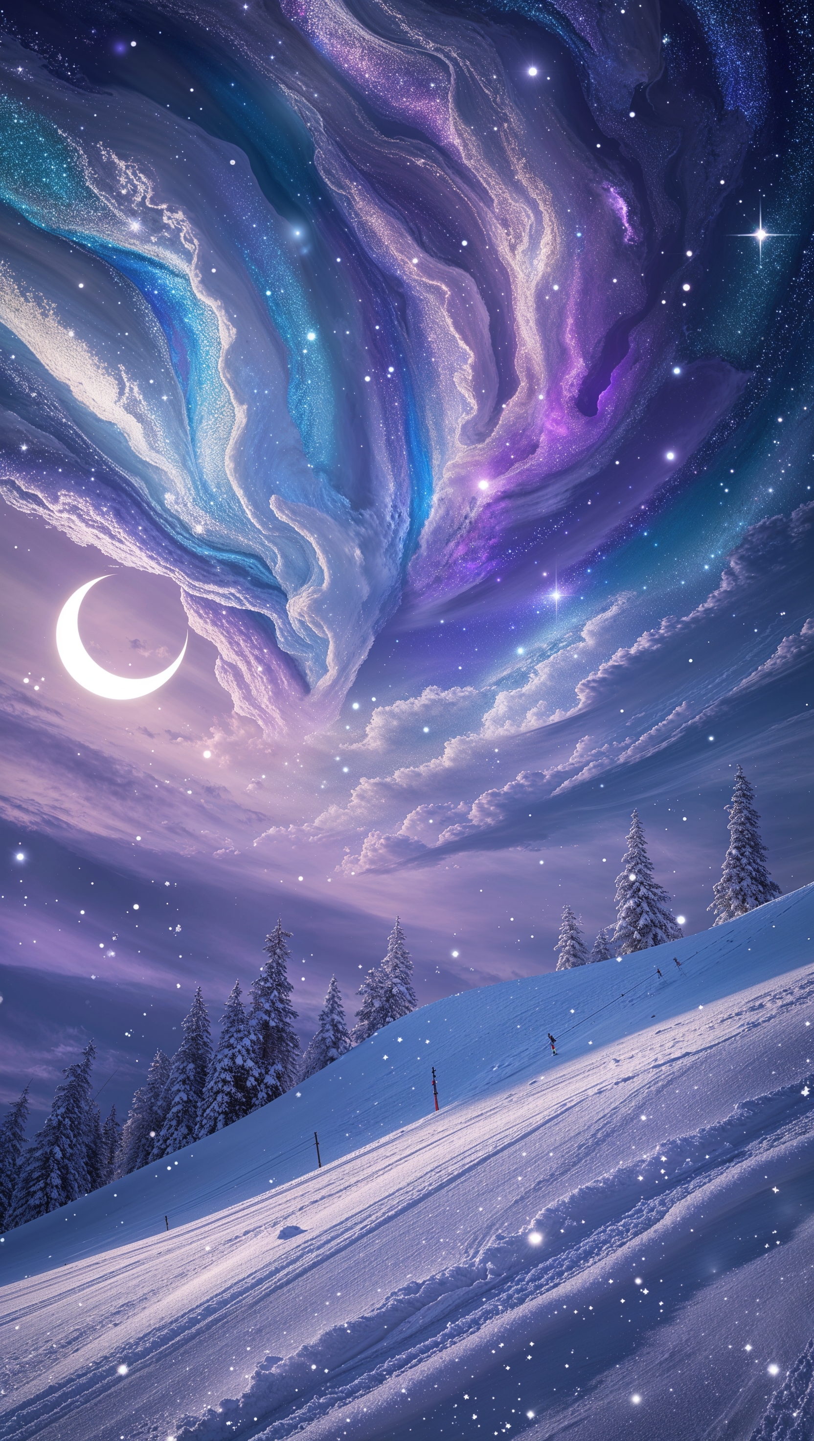 Winter galaxy sky over ski slopes, cosmic fantasy style