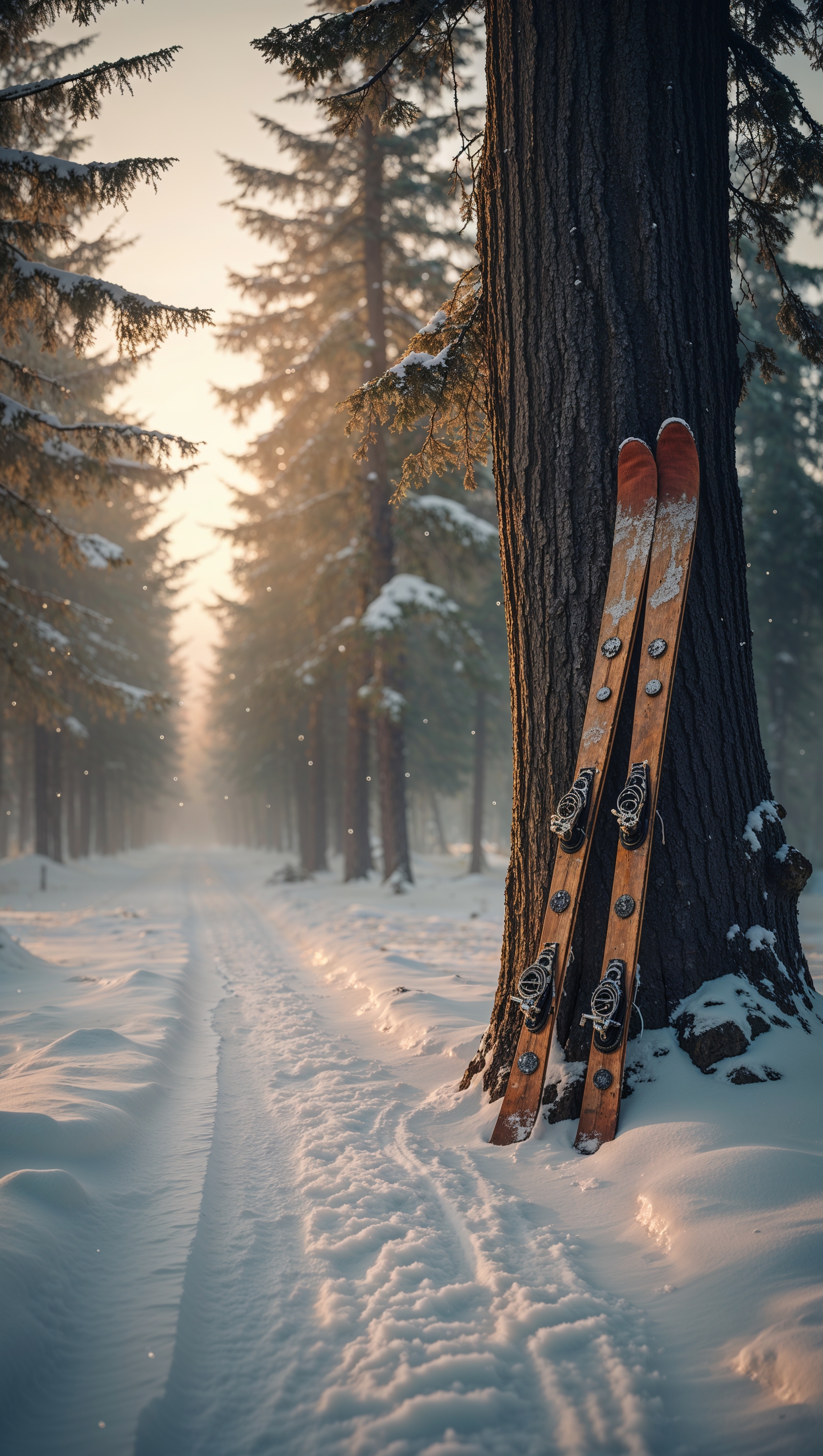Calm snowy path with skis leaned against a tree