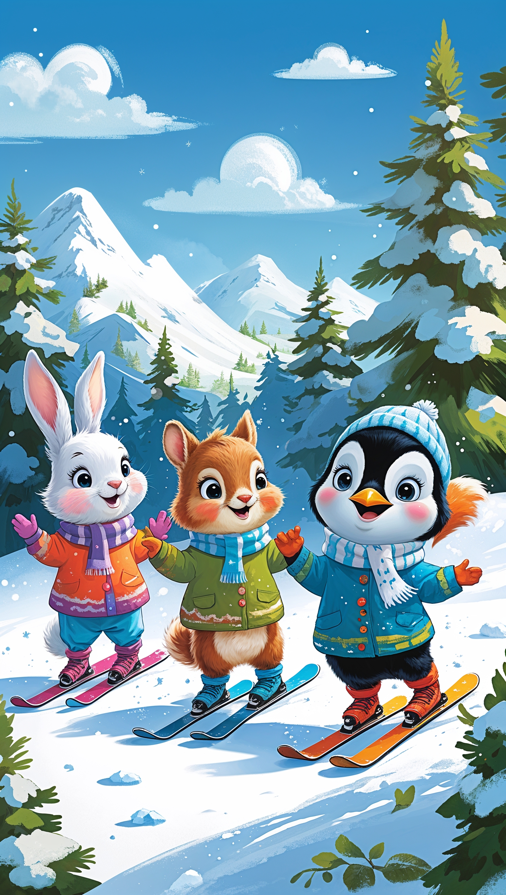 Cute animals skiing in the snow, children’s storybook style
