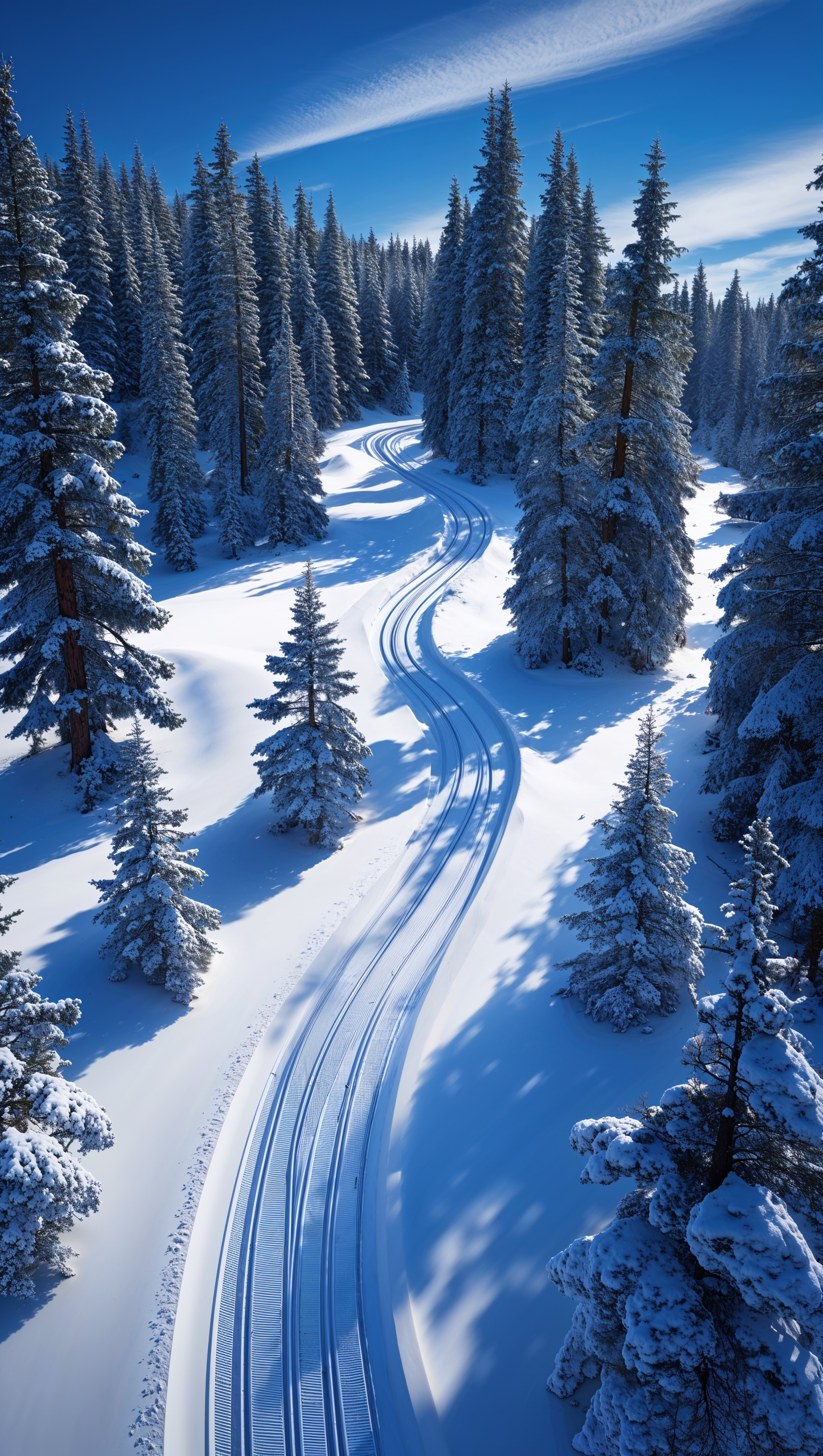 Ski tracks through a dense pine forest, top-down view