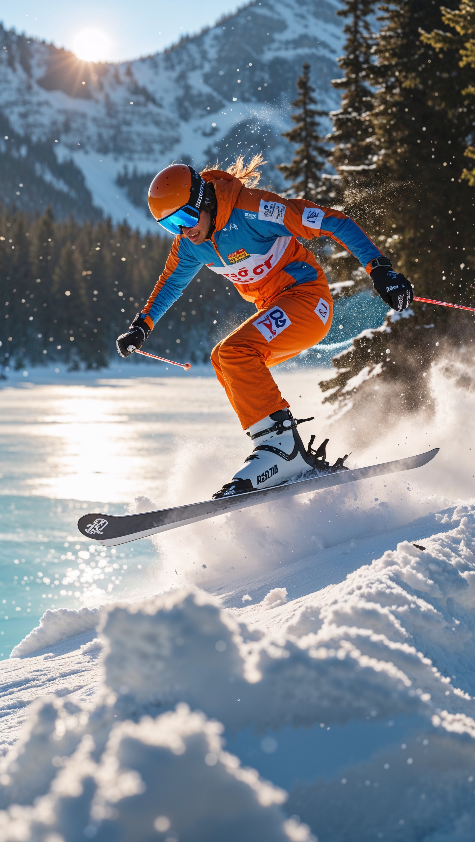 A skier jumping over a frozen lake, extreme action