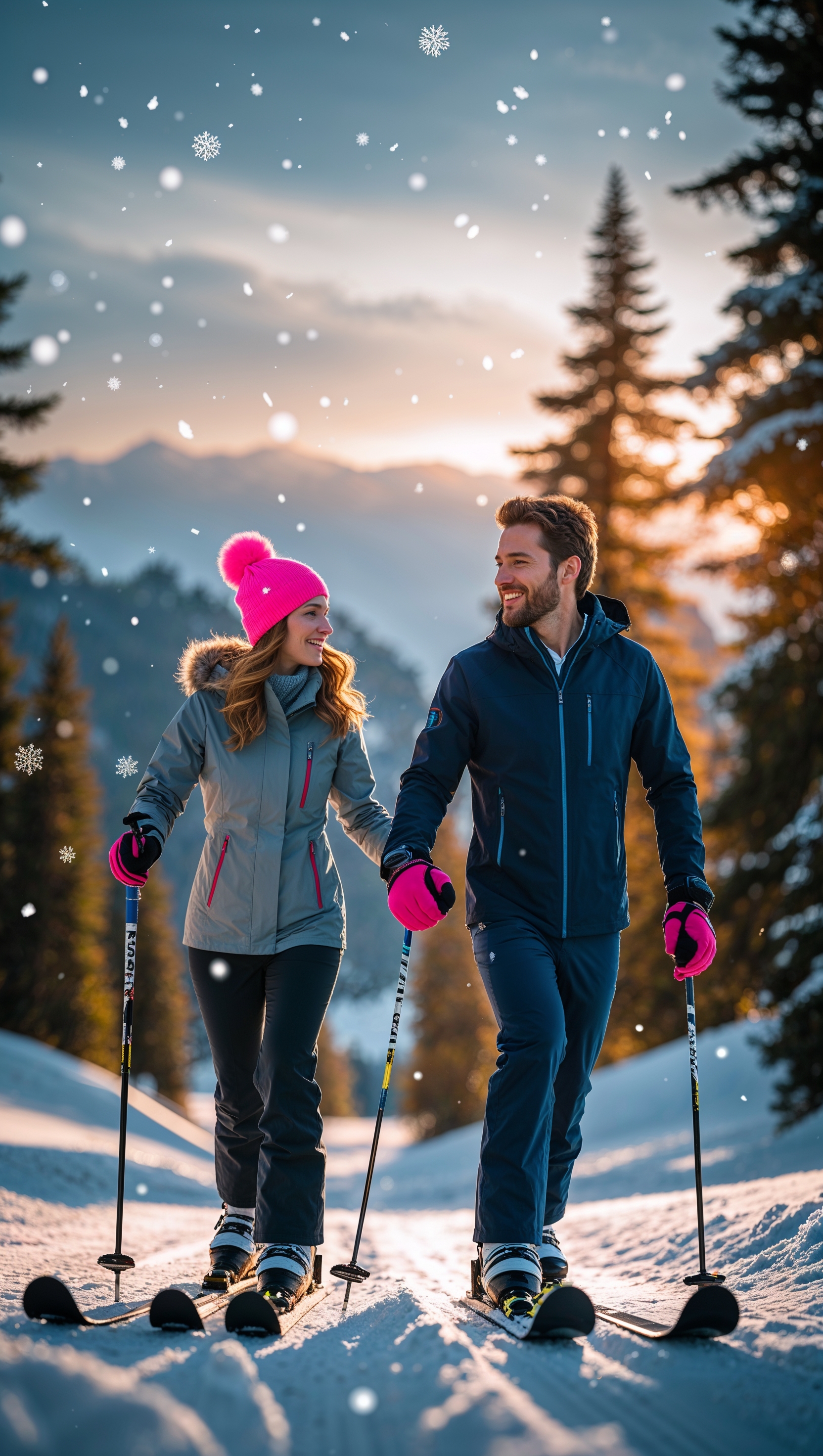 A couple skiing together on a snowy trail, romantic winter scene, iPhone wallpaper
