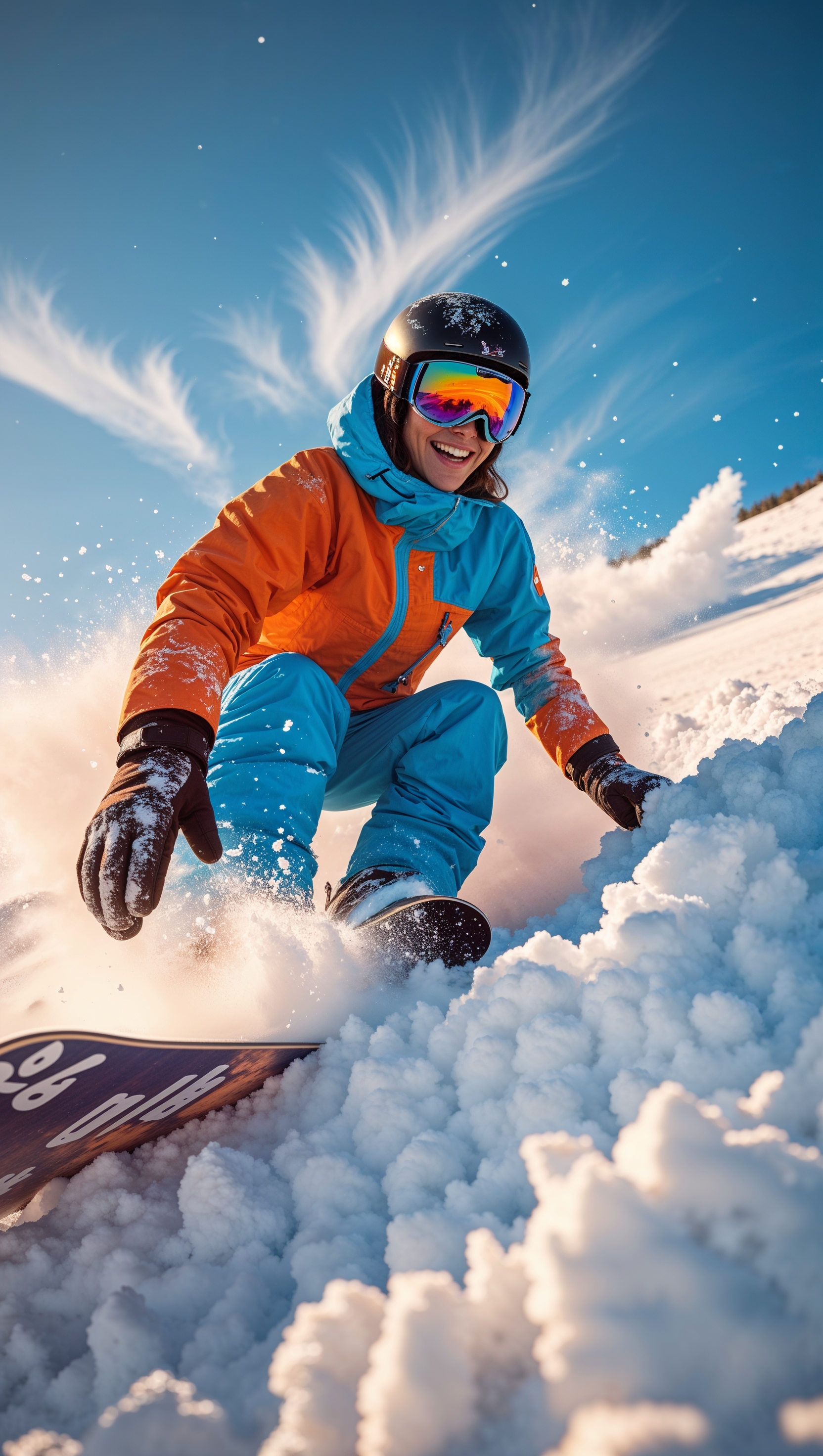 A snowboarder carving through powder snow, slow motion feel