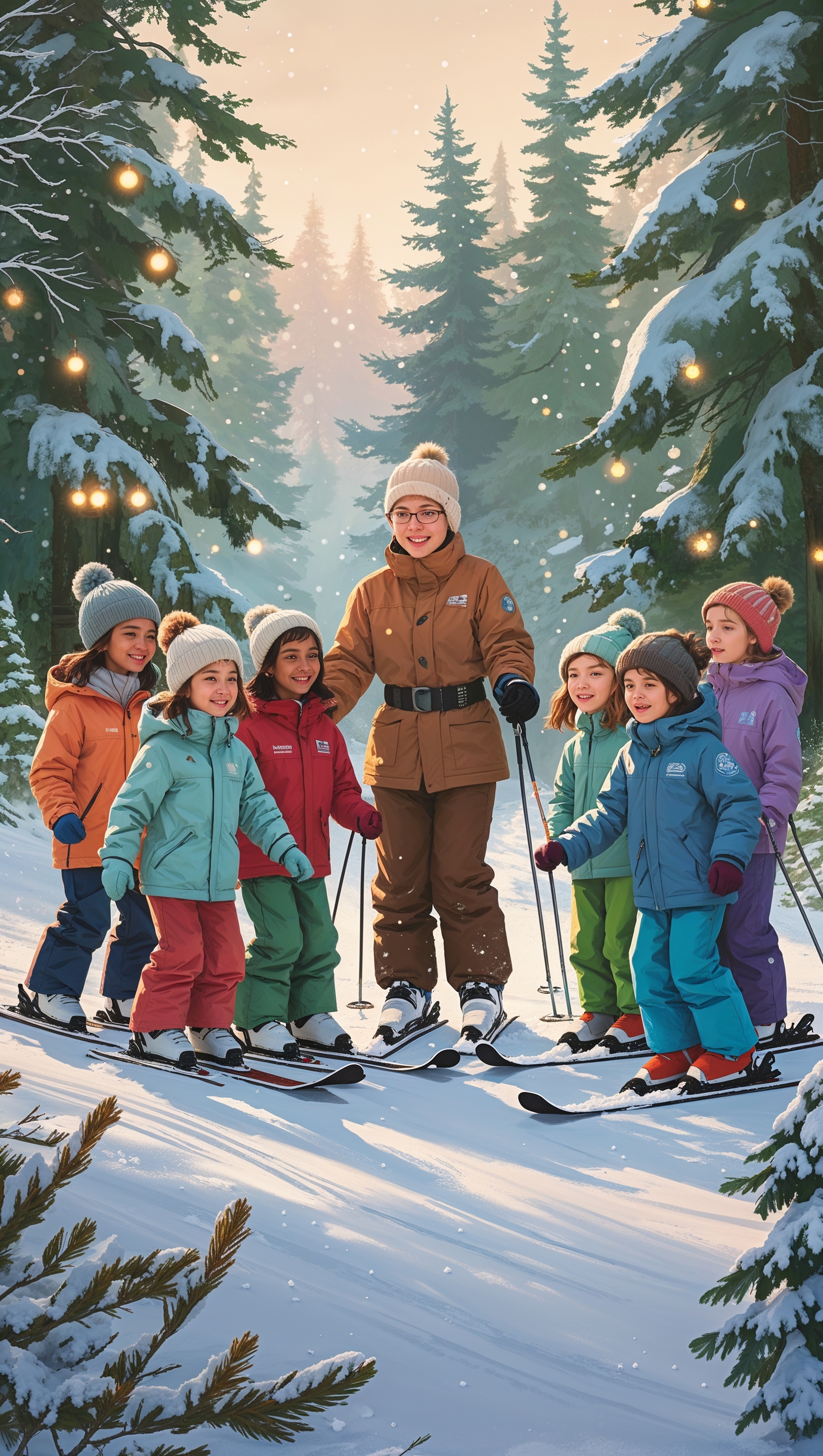Kids learning to ski in a winter forest, peaceful and soft colors