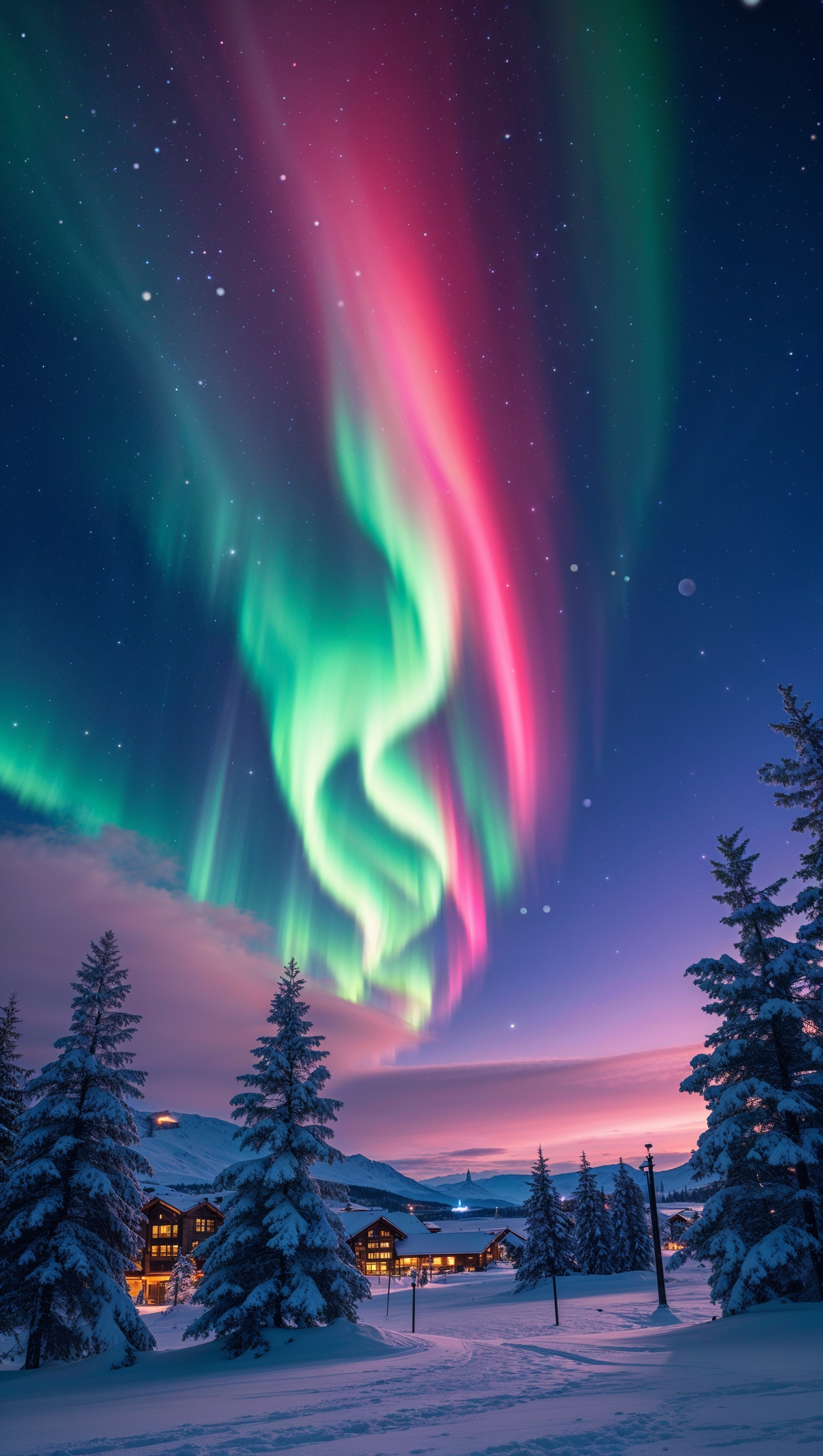 Northern lights over a snowy ski landscape, magical colors, iPhone wallpaper