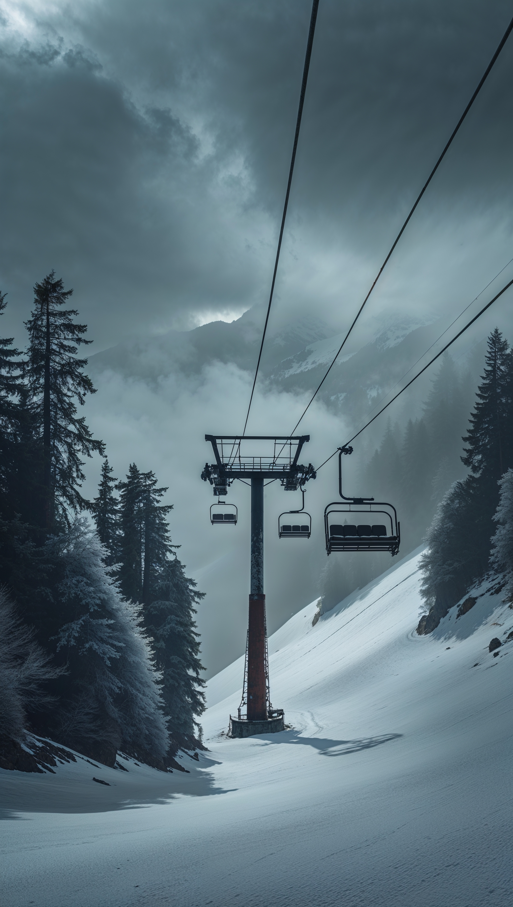 An empty ski lift going up the mountain, moody winter vibe