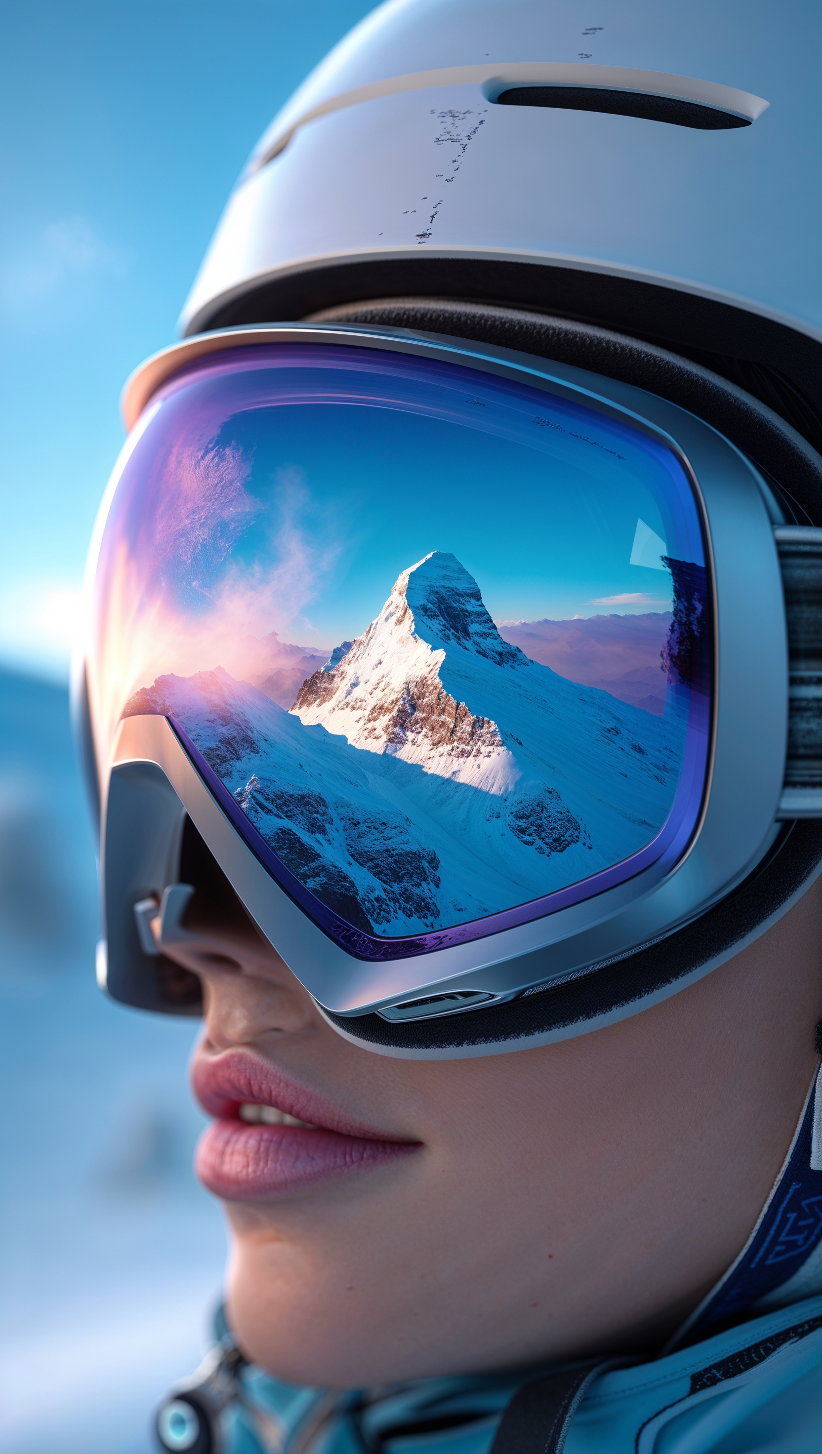 Close-up of ski goggles reflecting a snowy peak, high detail