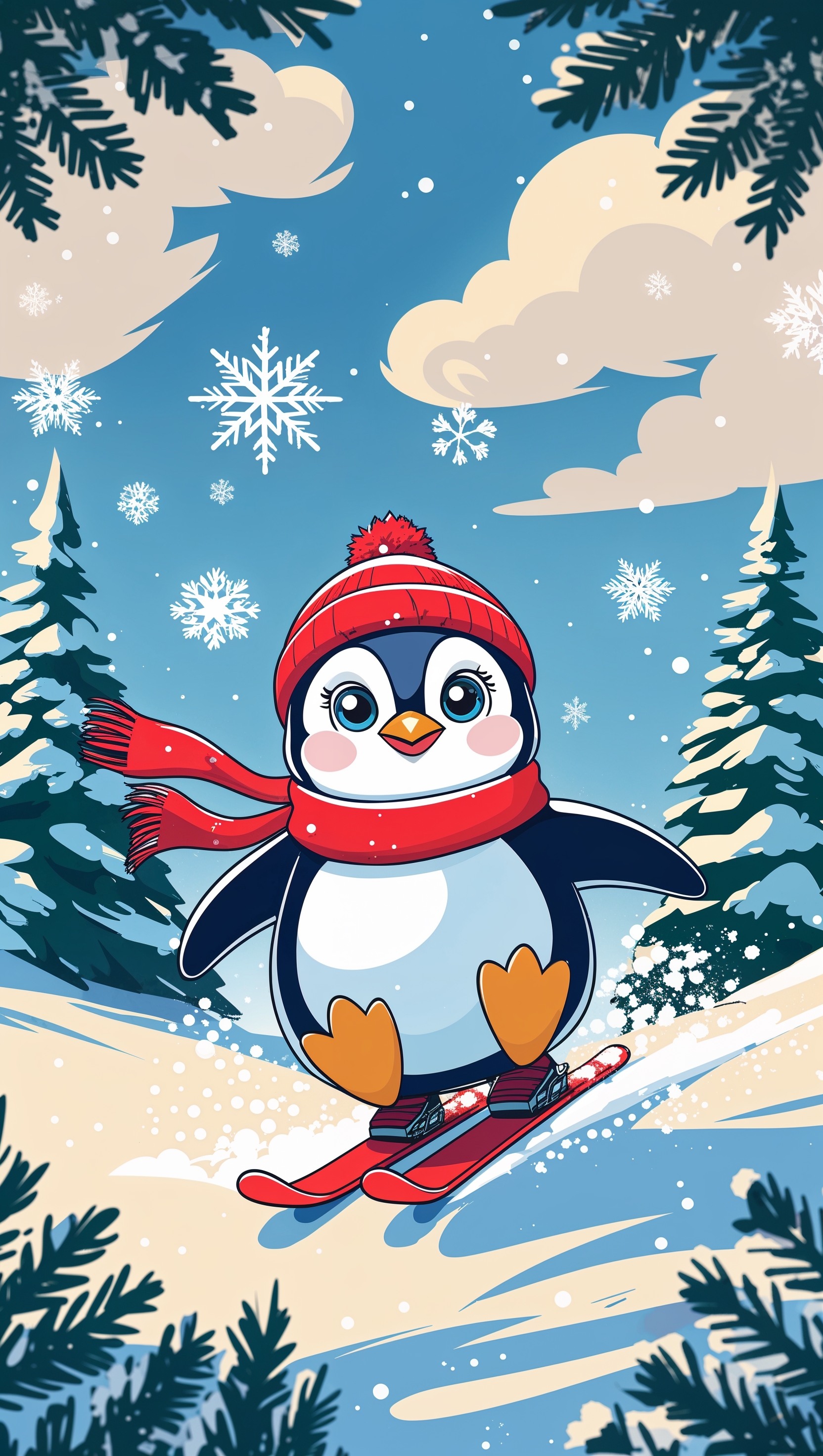 Cute cartoon penguin skiing, playful winter theme, iPhone wallpaper