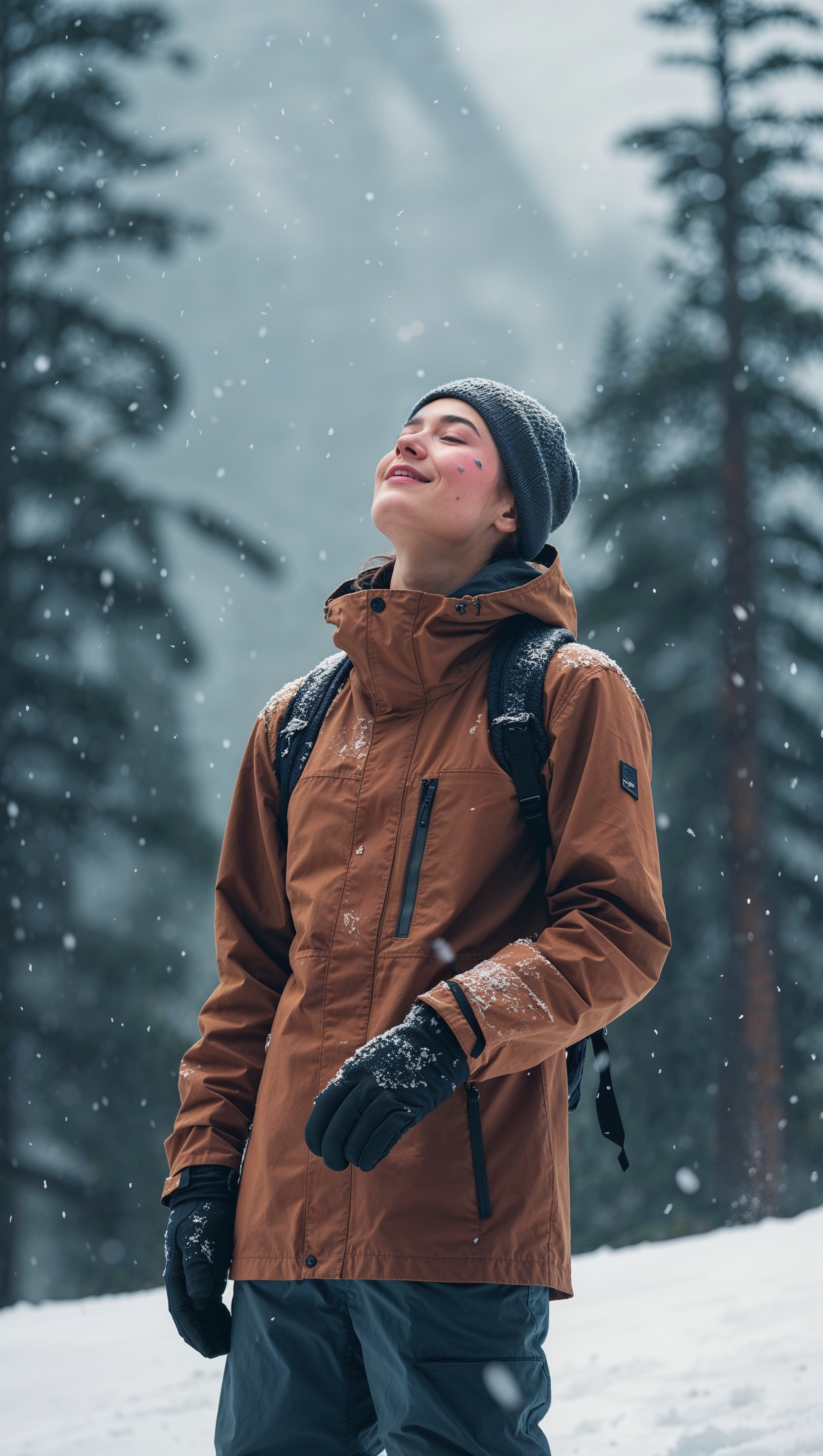 A lone snowboarder in frozen mountains, feeling of calm and solitude