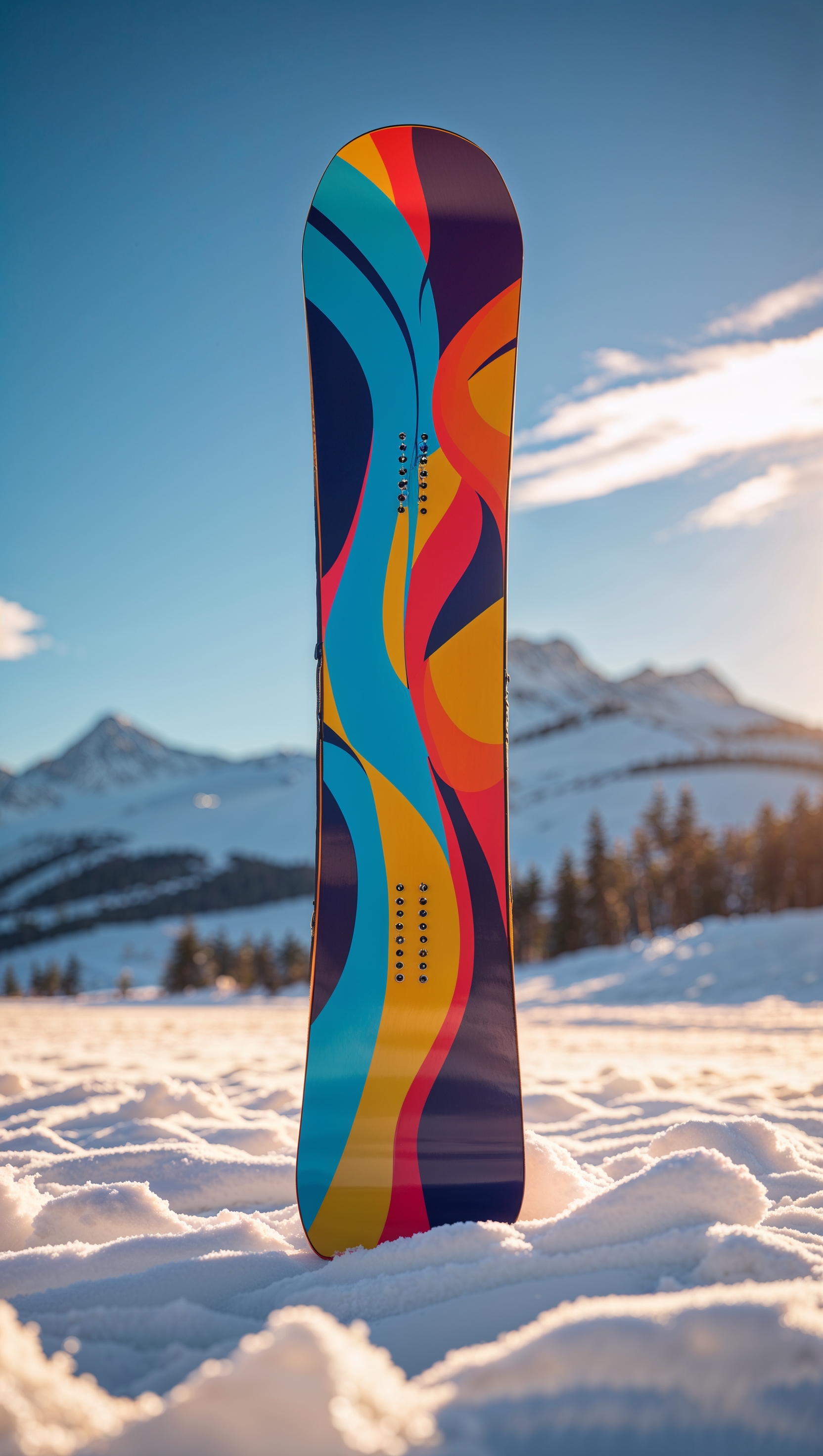 Colorful snowboard on snow in golden light, vertical frame