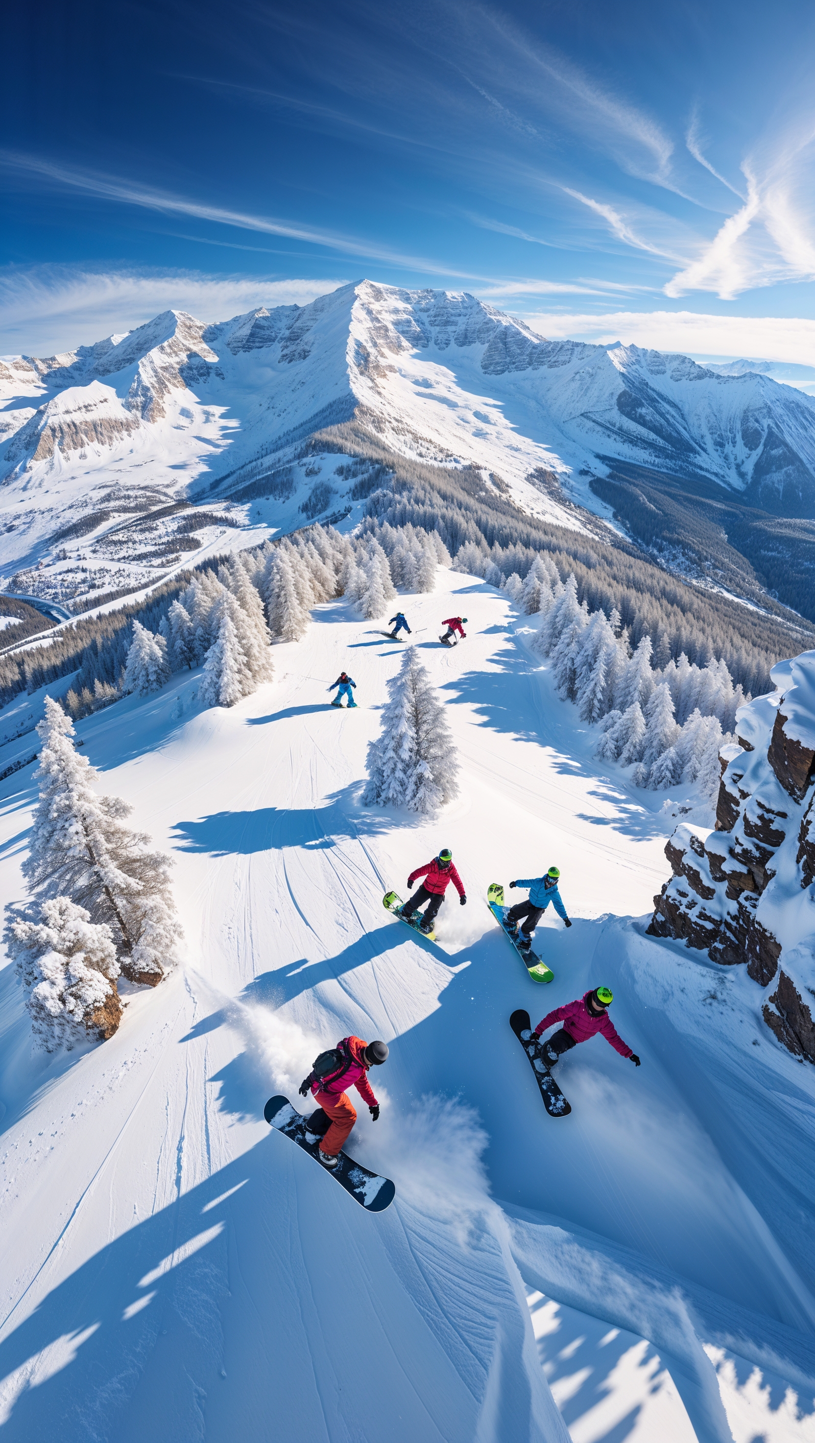 Aerial view of snowboarders on a snowy slope, panoramic landscape