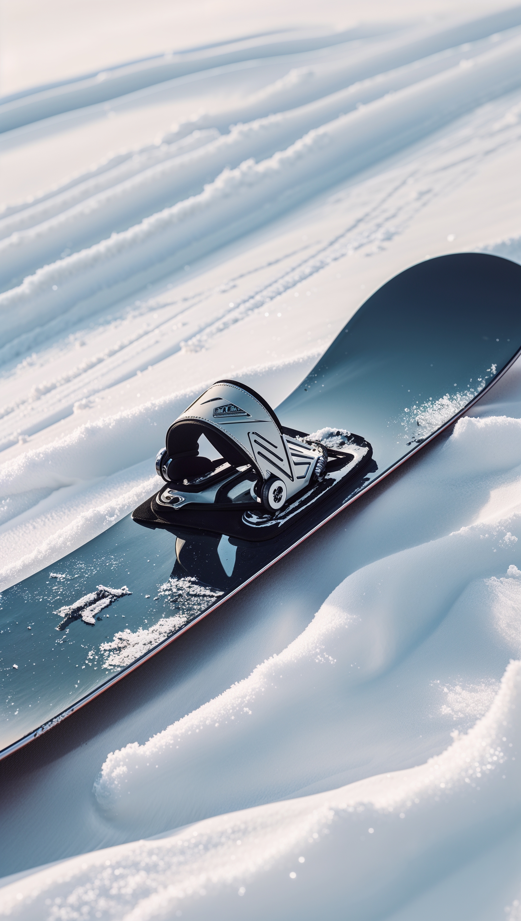 Close-up of a snowboard on fresh snow with trail marks, minimalist style