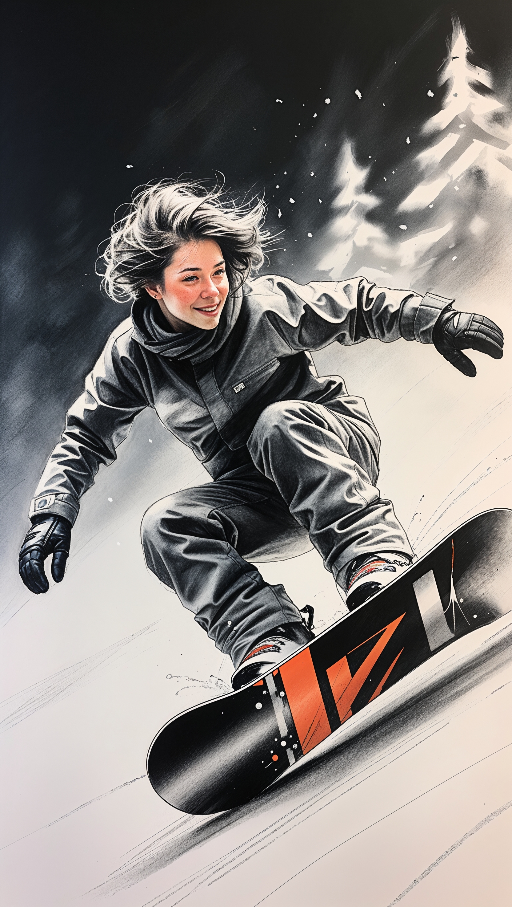 Charcoal sketch of a snowboarder, minimal black background