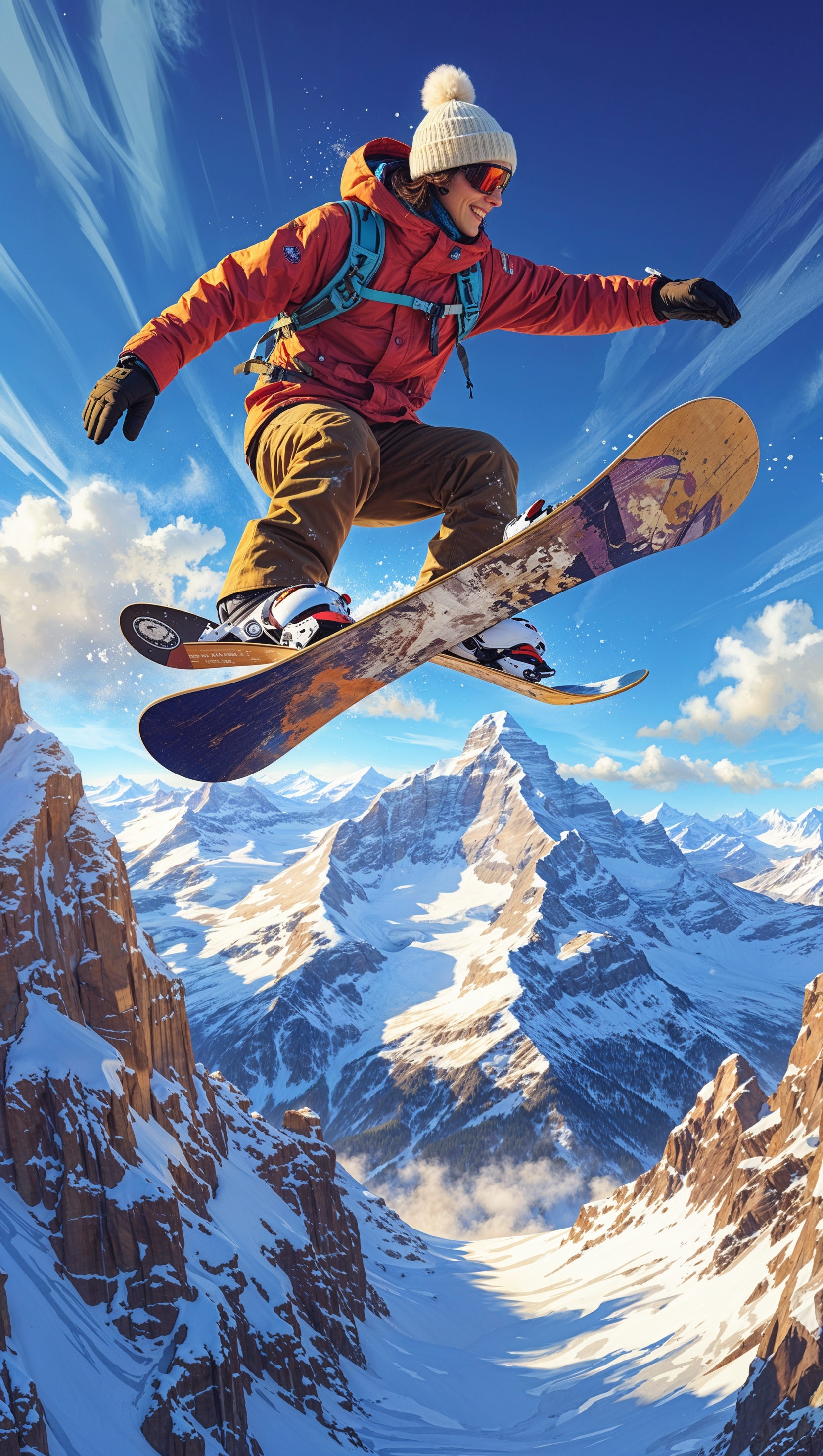 A snowboarder jumping over snowy mountains under a blue sky, realistic style, for iPhone background
