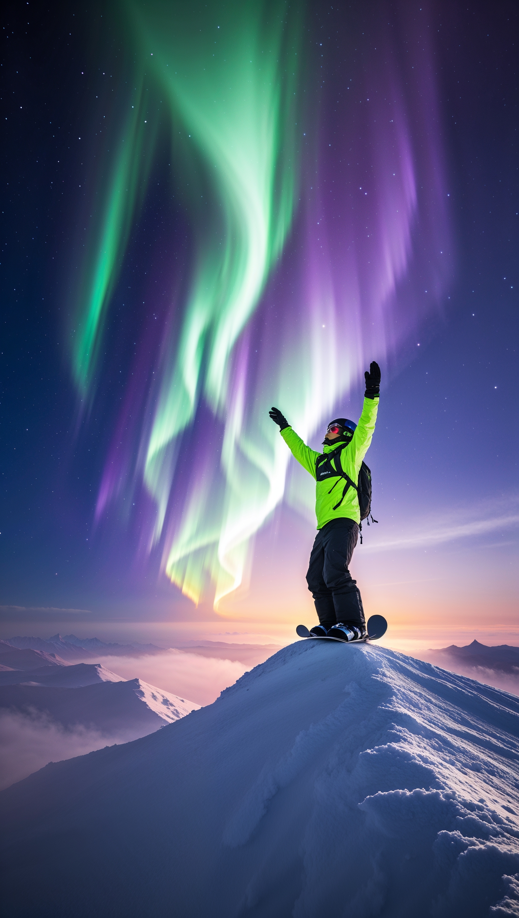 Snowboarder atop a snowy peak under the northern lights, magical scenery