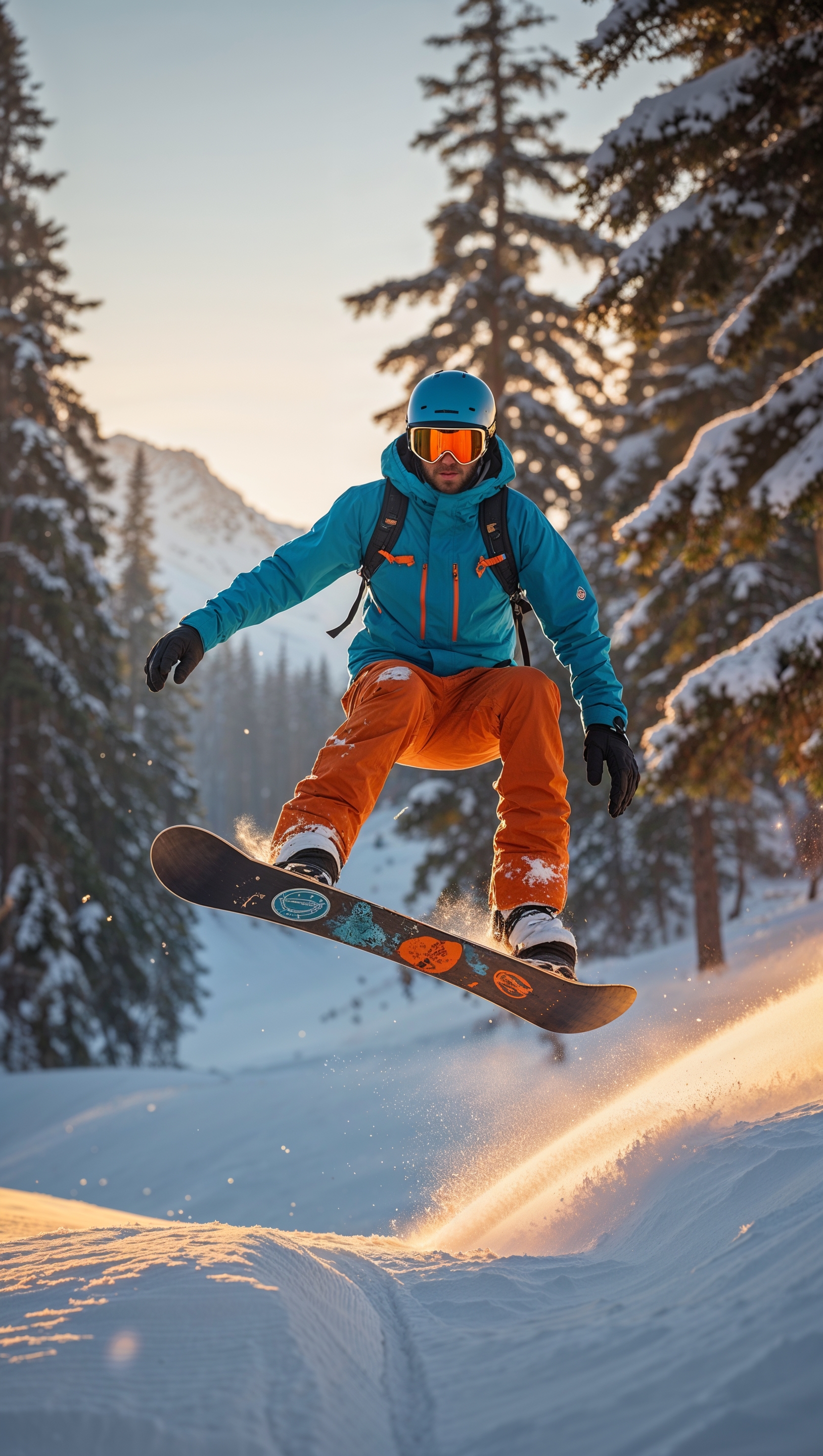 Snowboarder jumping on a snowy trail under soft morning light