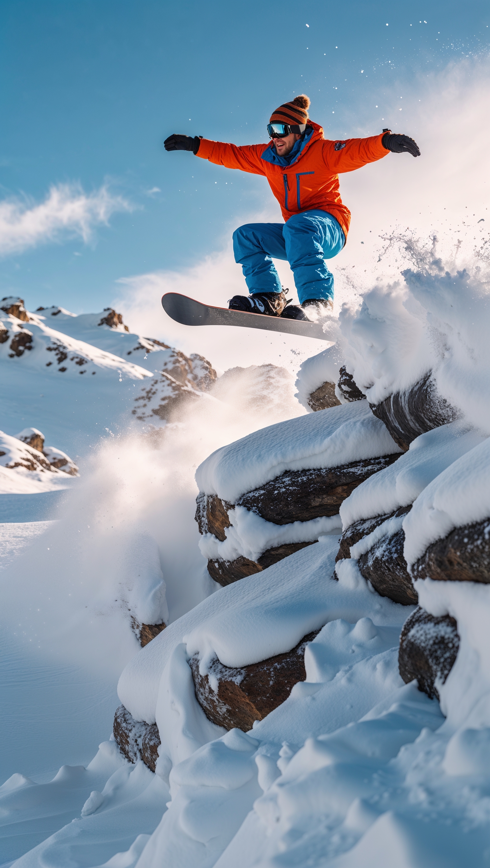 Snowboarder jumping over snowy rocks