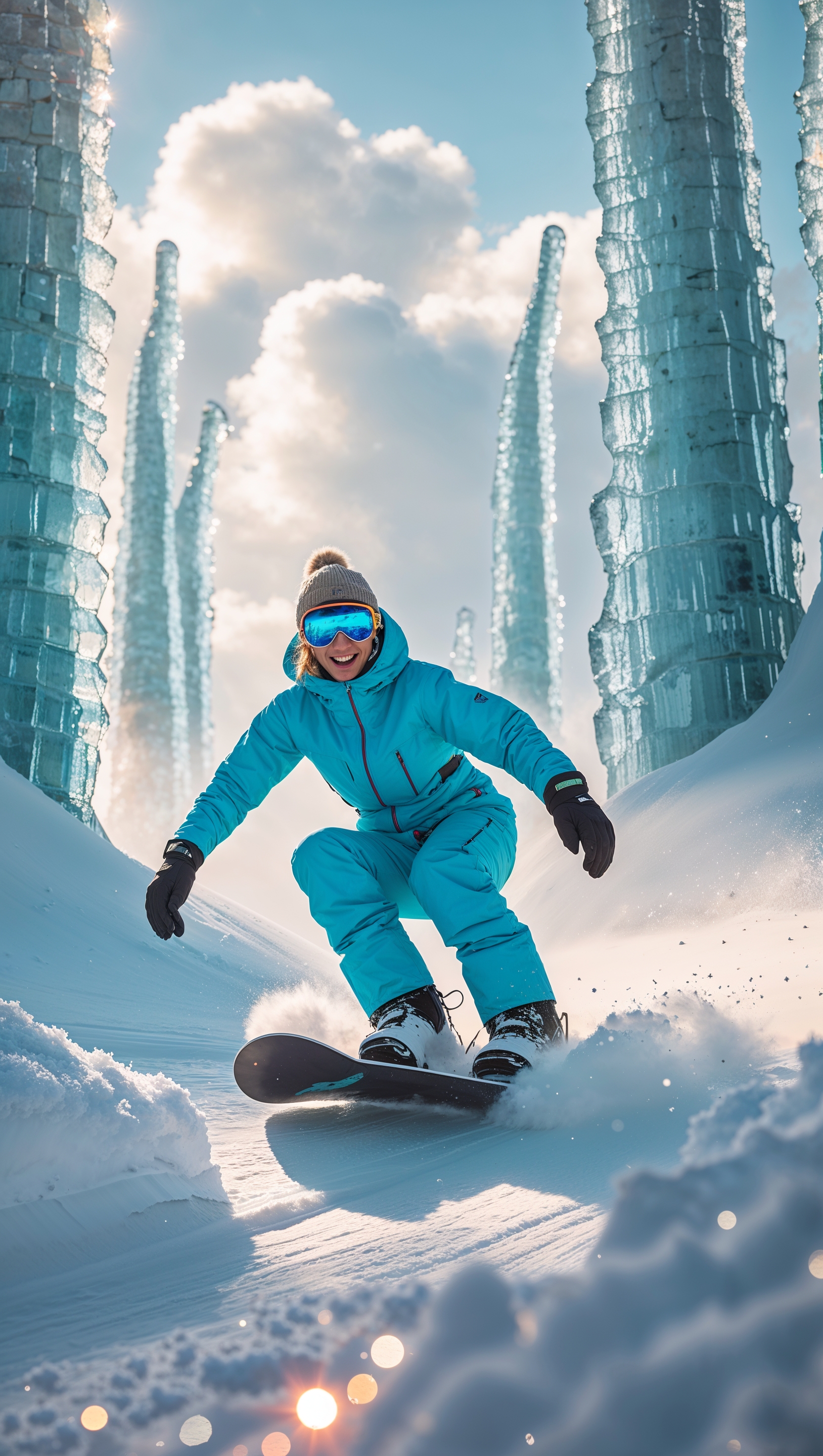 Fantasy image of snowboarder in a magical snowy land