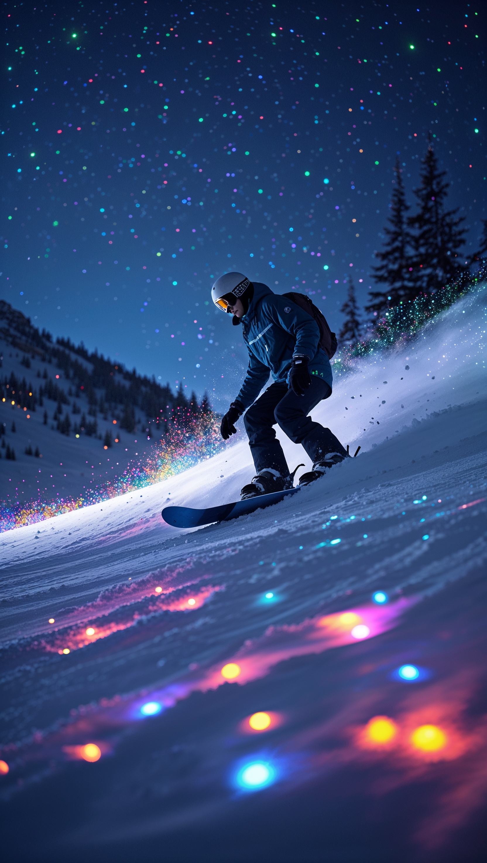 Night view of snowboarder with colorful lights on the slope