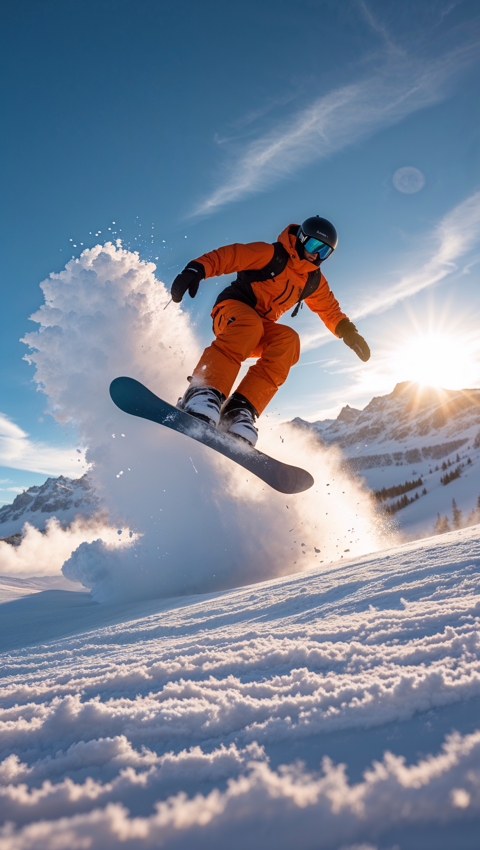 Slow-motion snowboarder kicking up snow, cinematic effect