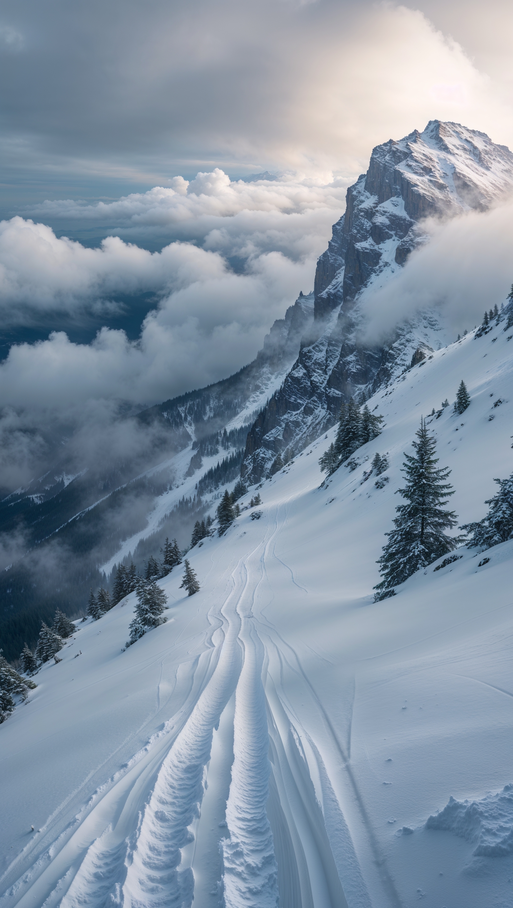 Wintery mountain view with snowboard tracks and cloudy sky