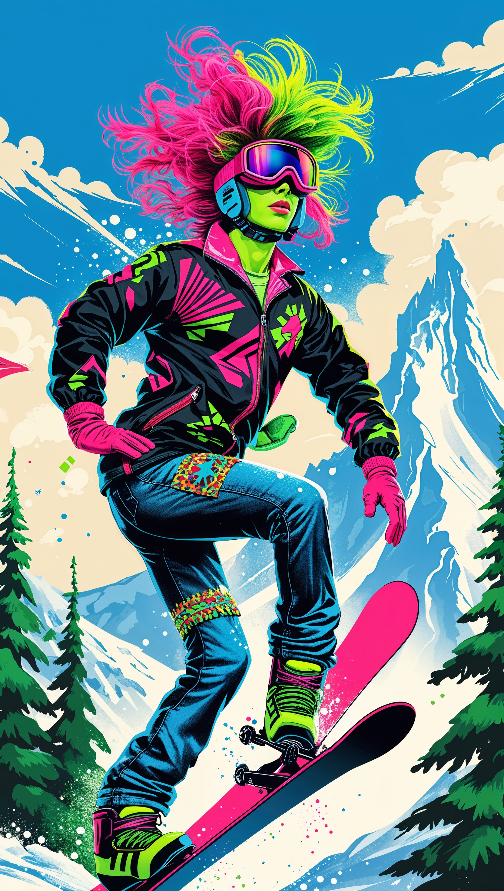 Retro-style snowboarder in 80s fashion gear