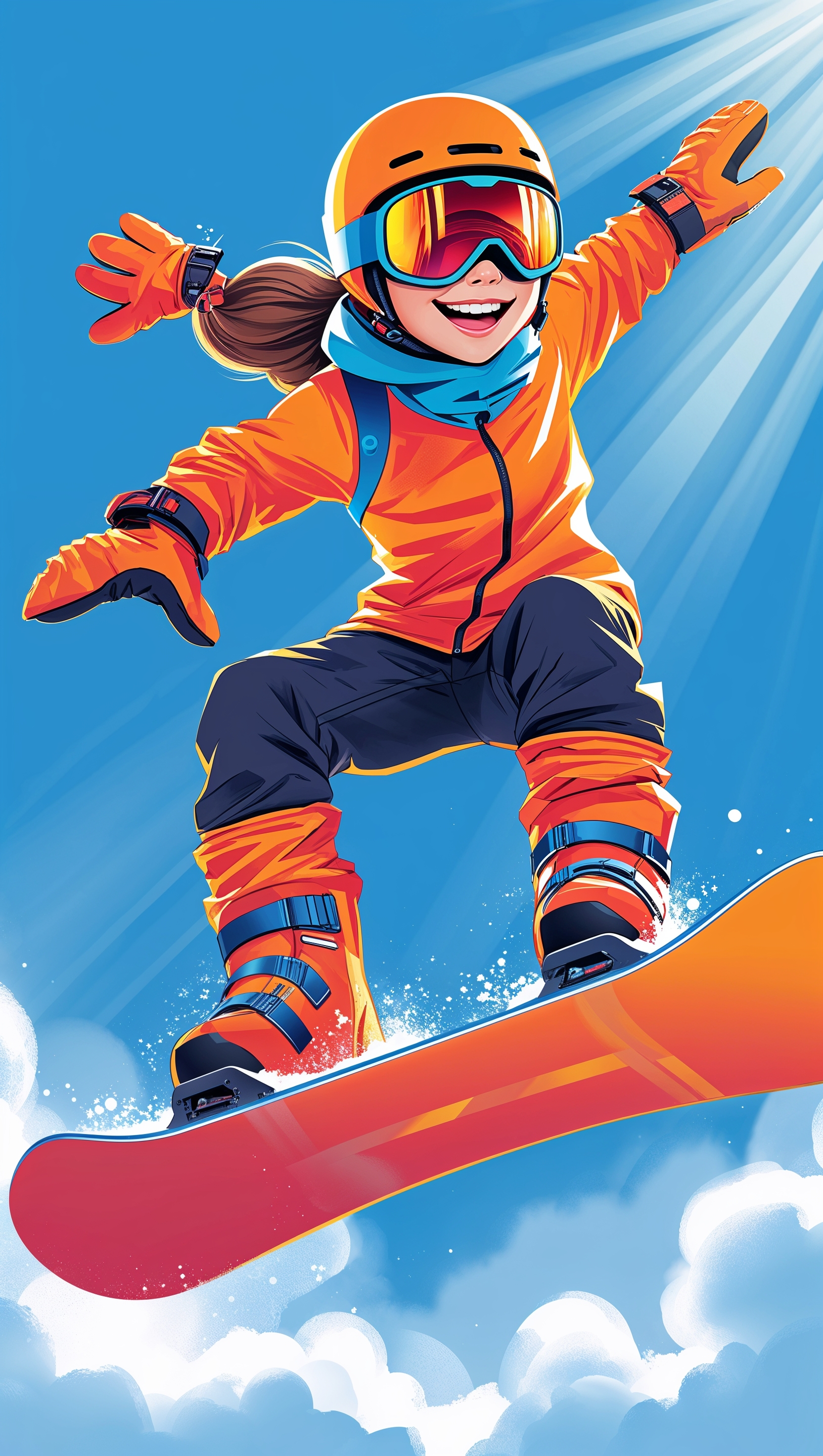 2D cartoon design of snowboarder with bright blue background