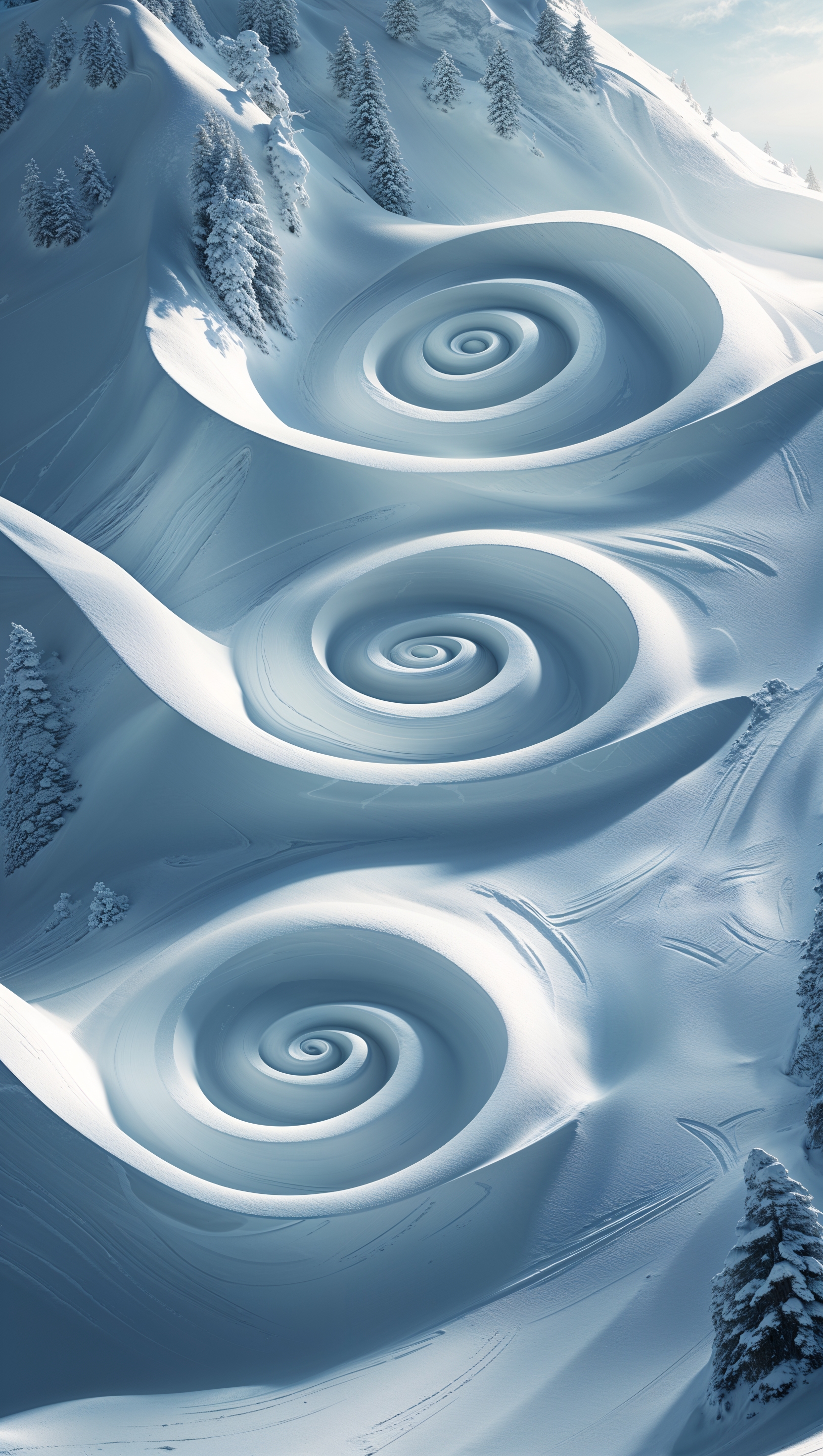 Spiral snowboard trails on fresh snow, top-down view
