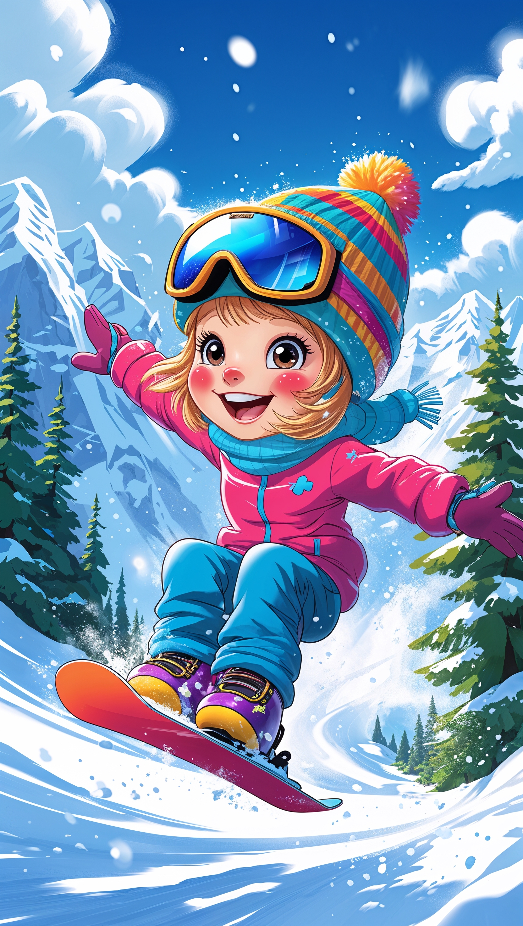 Cartoon winter scene of a happy snowboarder on the slope
