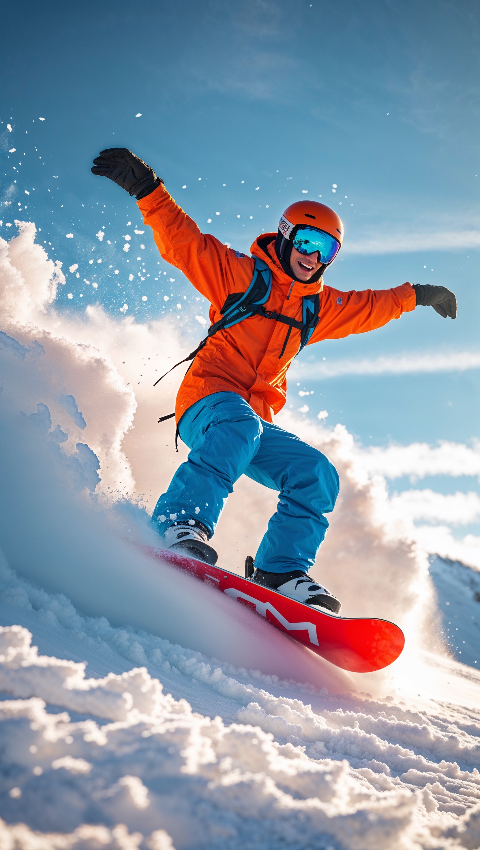 Moment of snowboarder landing on soft snow, with snow particle effects