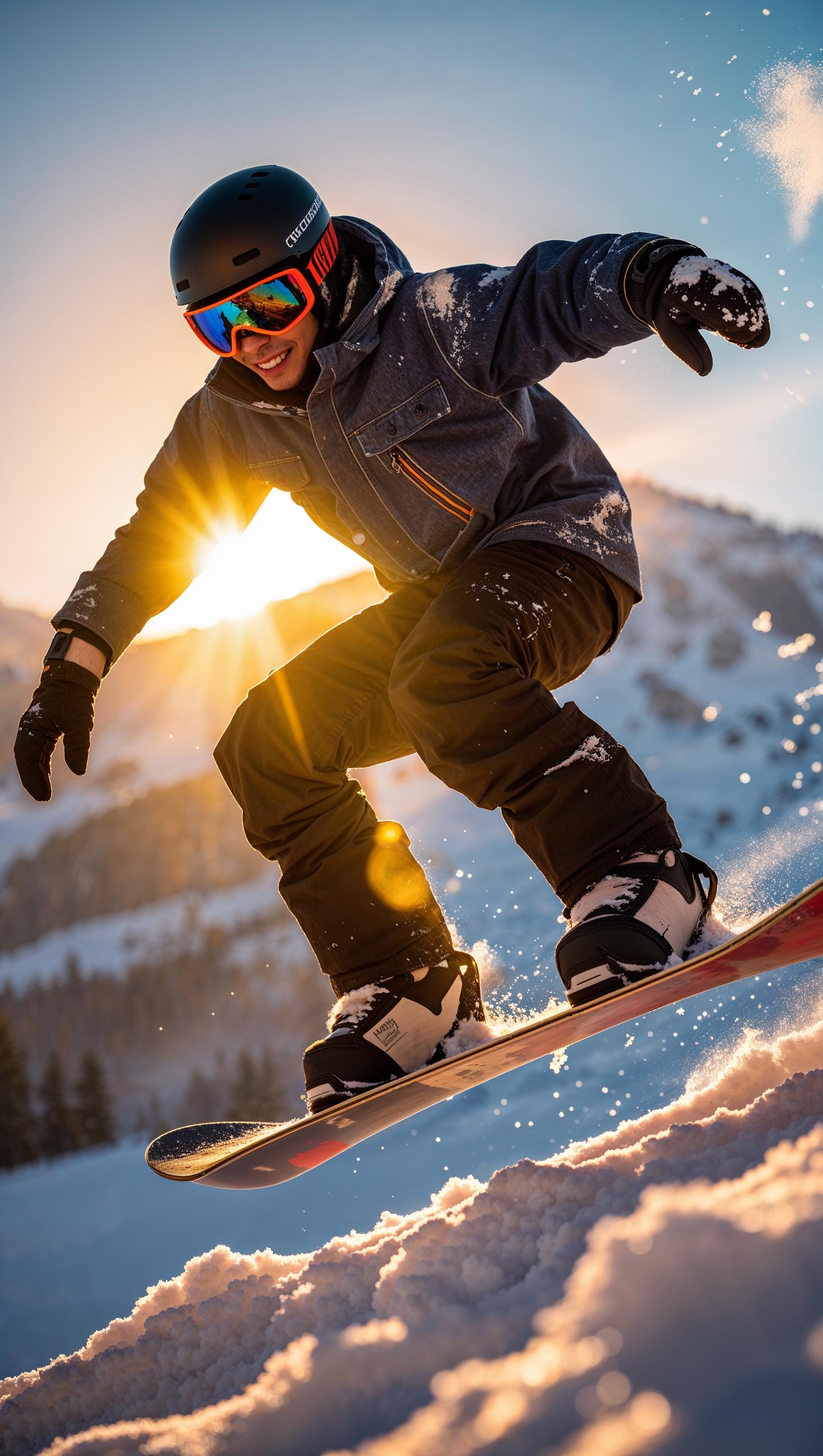 Snowboarder performing a big jump against the winter sun