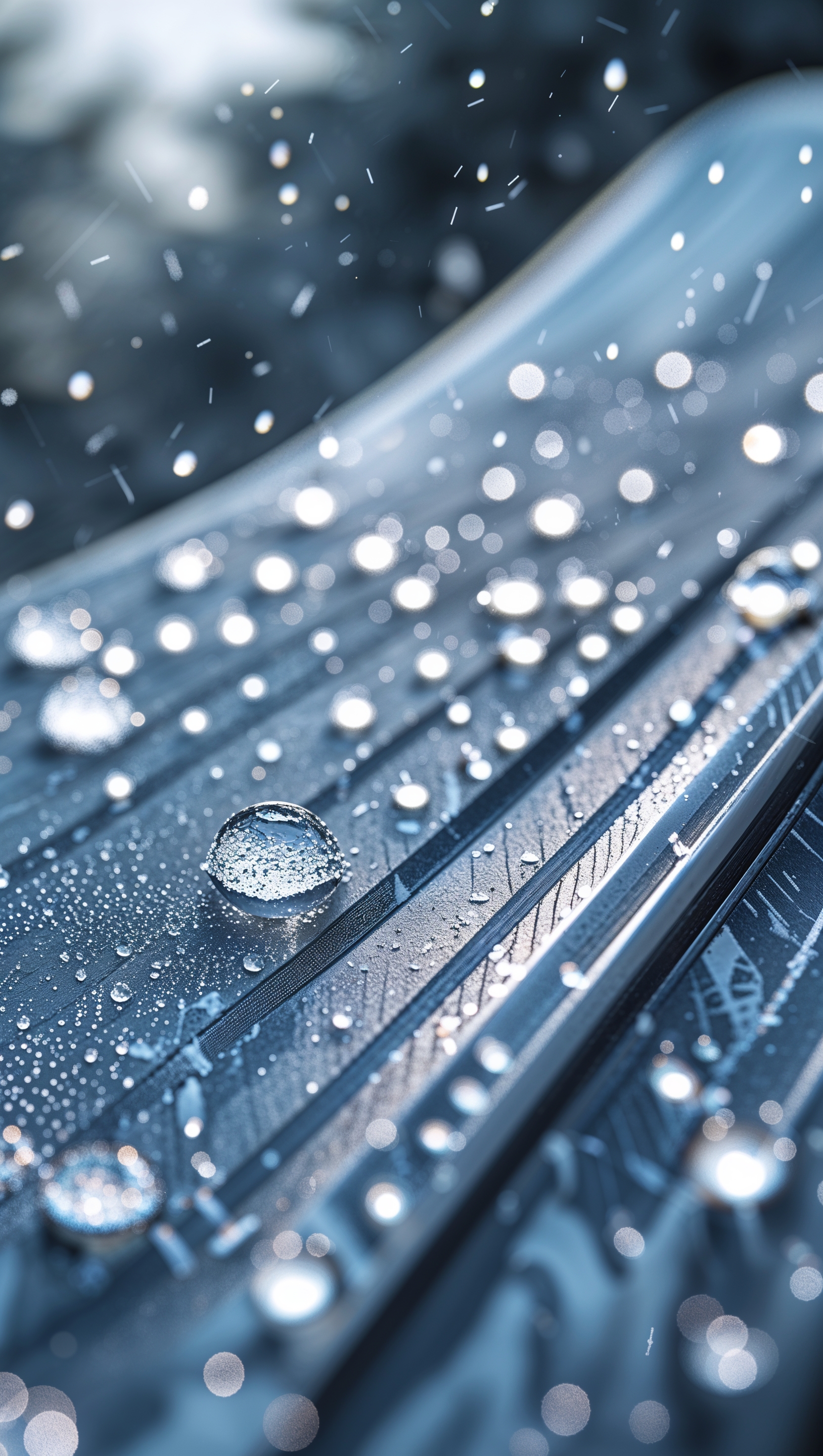 Highlighted snowboard in macro shot, with snow droplets