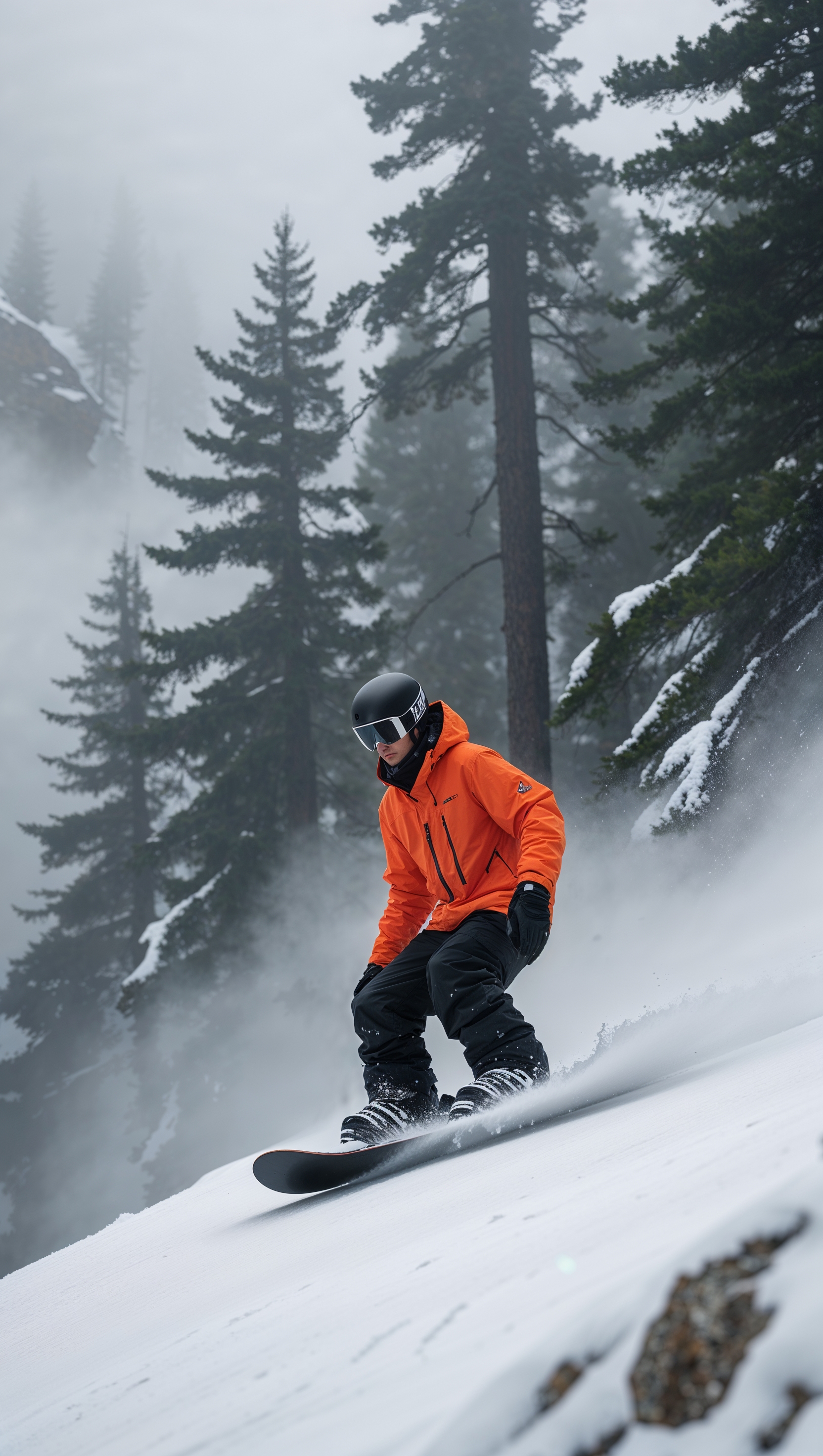 Snowboarder riding through thick mountain fog