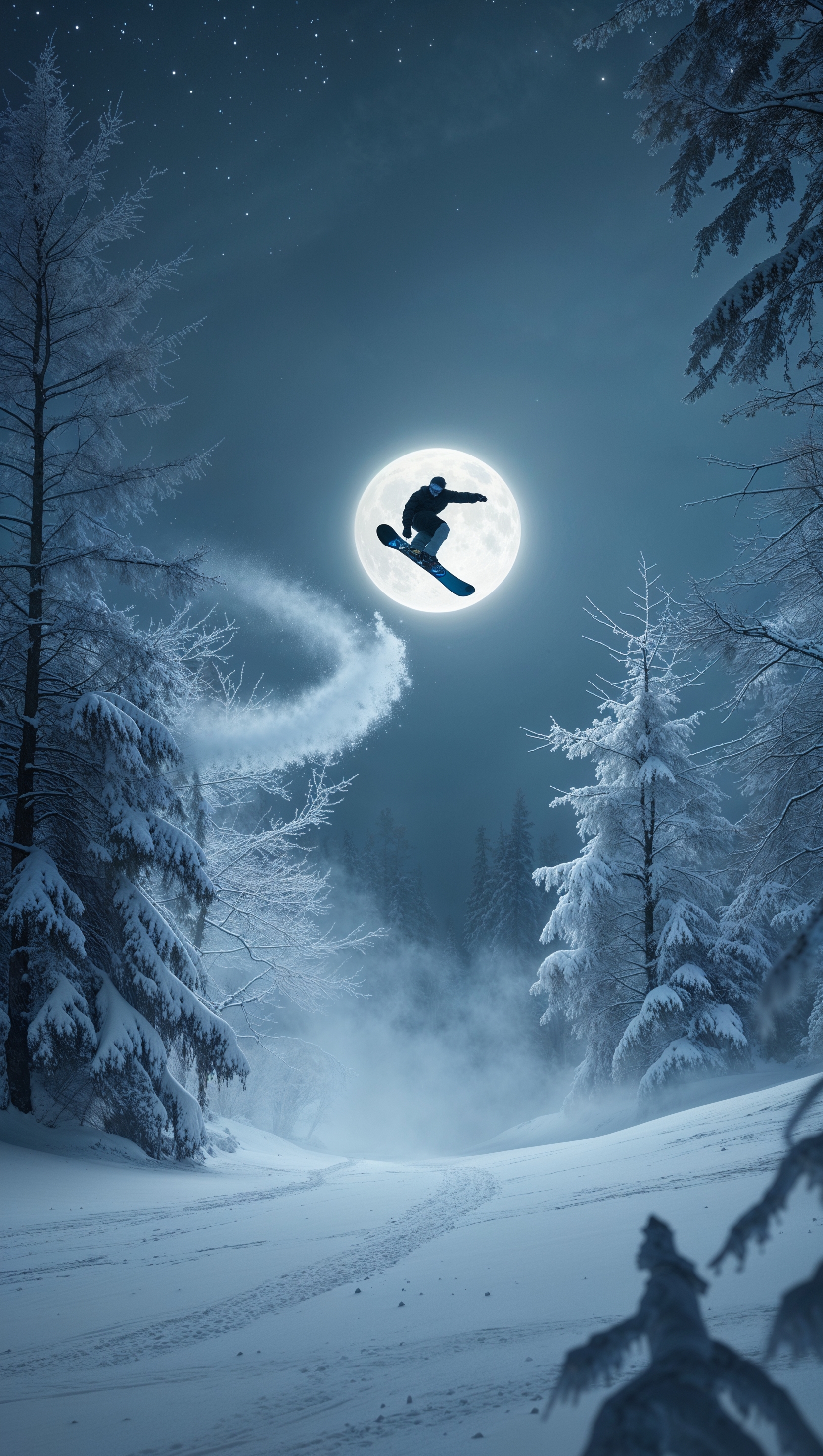 Snowy night with moonlight and a snowboarder mid-air, dreamy mood