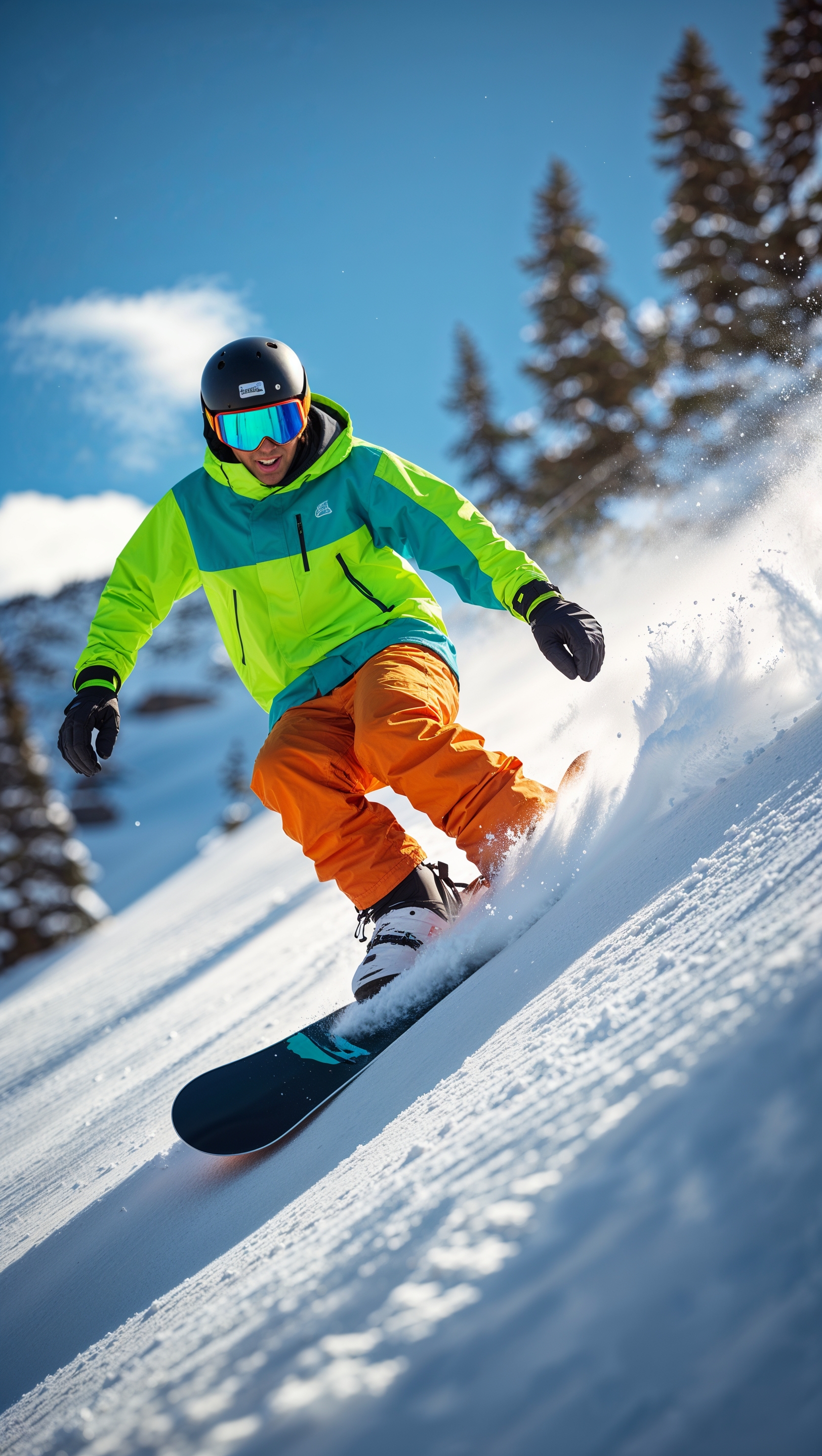 A snowboarder in colorful gear riding a steep slope, low angle view