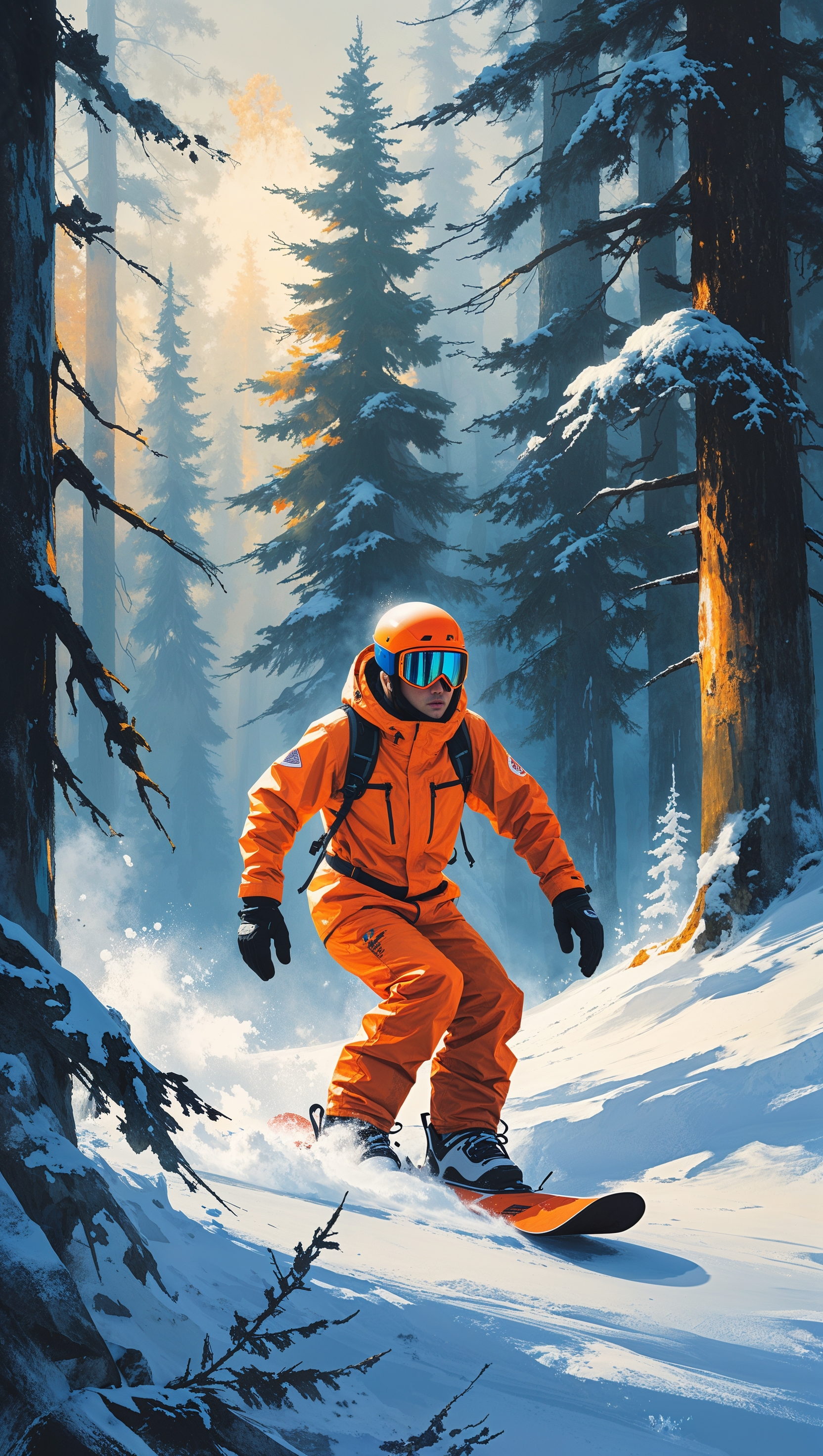 Snowboarder in a foggy snowy forest, digital painting style